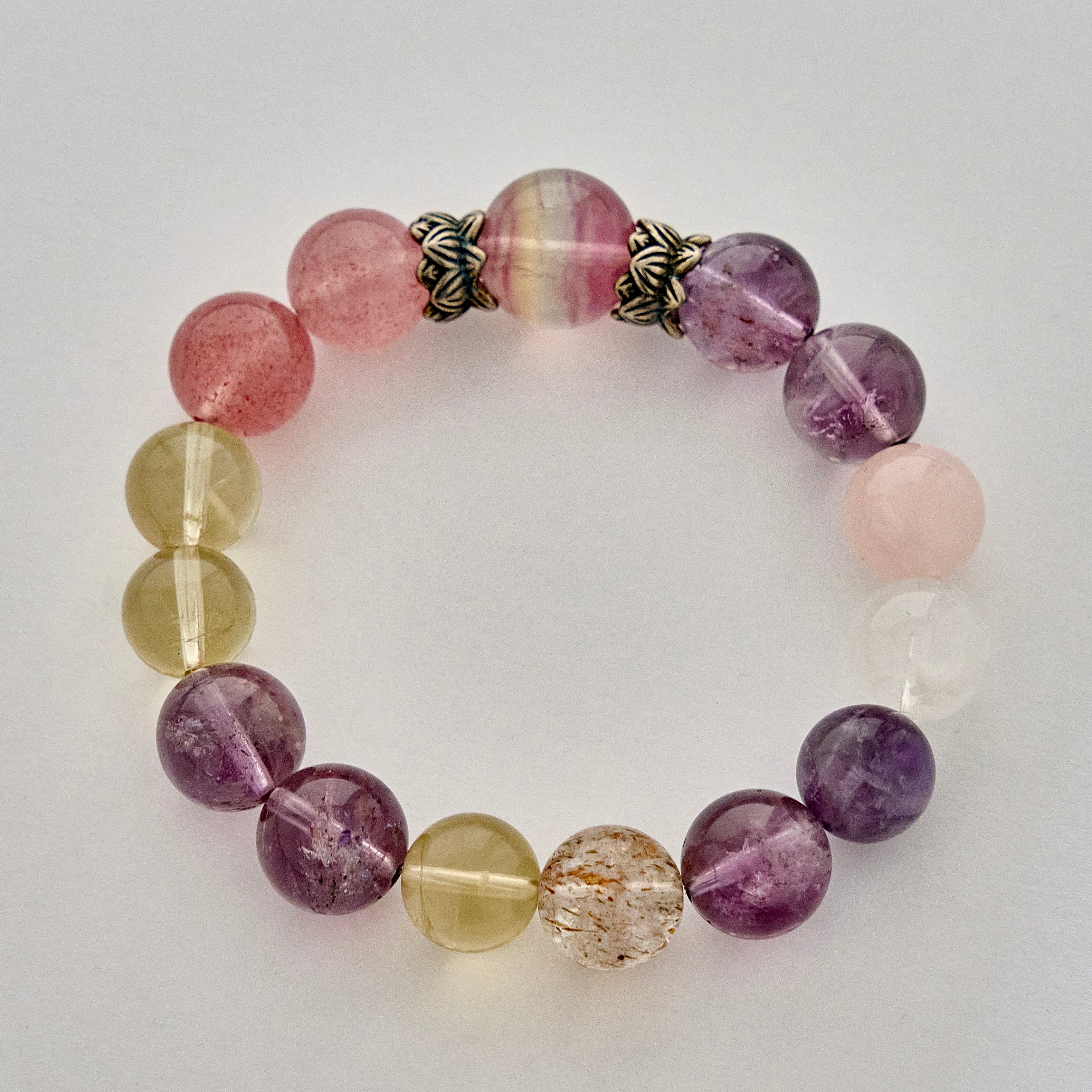 Pastel Aura – Amethyst, Strawberry Quartz & Lemon Quartz Bracelet | Joy · Love · Intuition