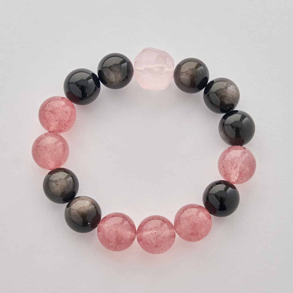 Velvet Ember – Obsidian & Strawberry Quartz Bracelet with Rose Quartz | Protection · Love · Emotional Grounding