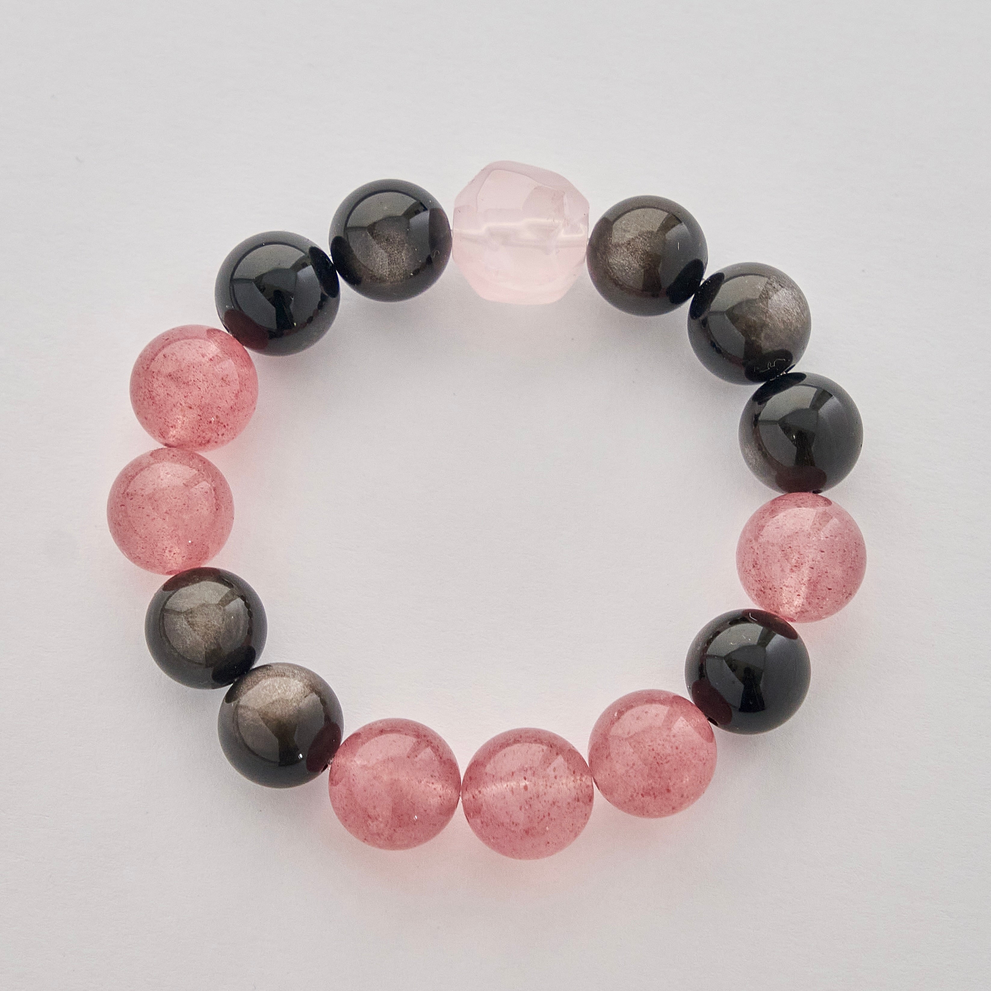 Velvet Ember – Obsidian & Strawberry Quartz Bracelet with Rose Quartz | Protection · Love · Emotional Grounding