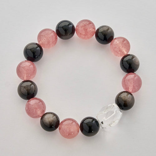 Blush Eclipse – Golden Obsidian & Strawberry Quartz Bracelet with Clear Quartz | Protection · Love · Clarity