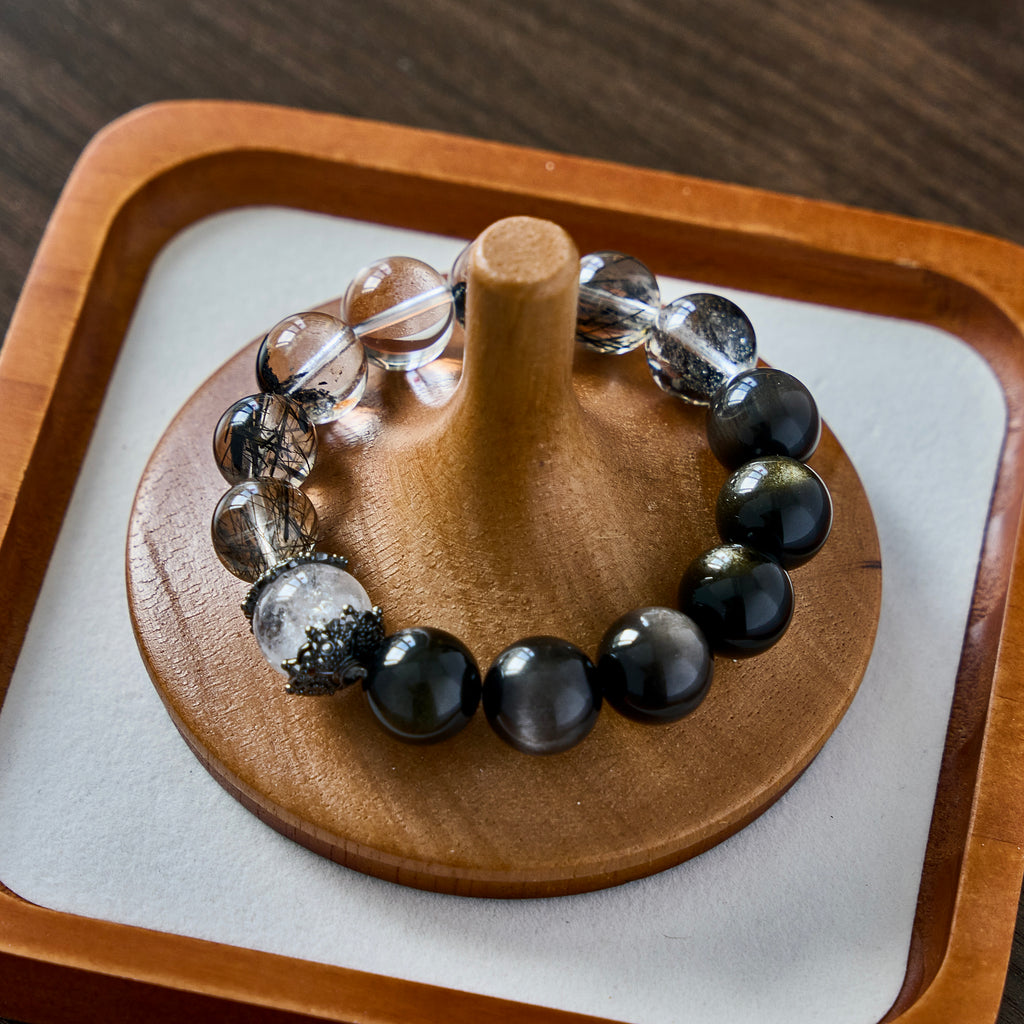 Shadow Lace – Black Rutilated Quartz, Clear Quartz & Obsidian Bracelet | Protection · Clarity · Grounding