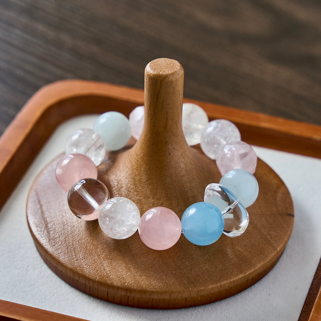 Cloud Reverie – Rose Quartz & Aquamarine Bracelet with Clear Quartz | Calm · Emotional Balance · Open-Hearted