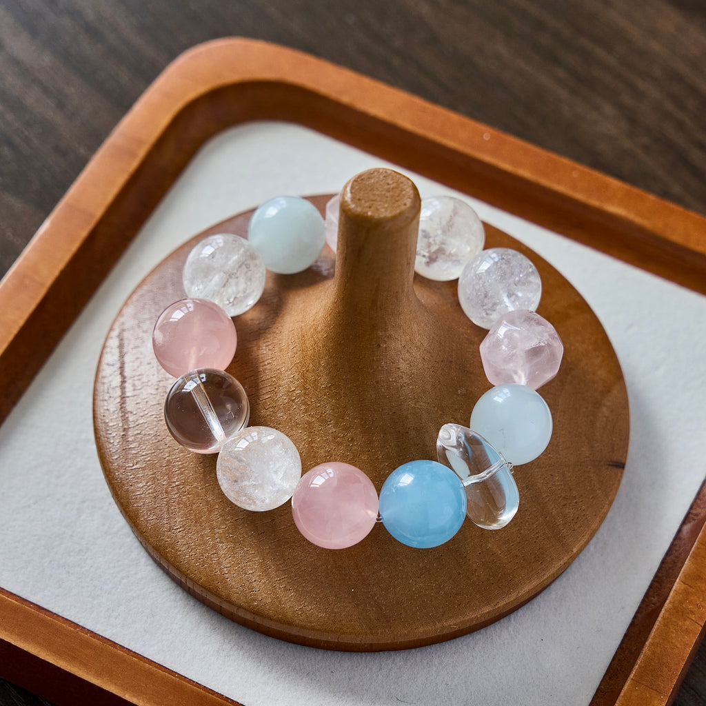 Cloud Reverie – Rose Quartz & Aquamarine Bracelet with Clear Quartz | Calm · Emotional Balance · Open-Hearted