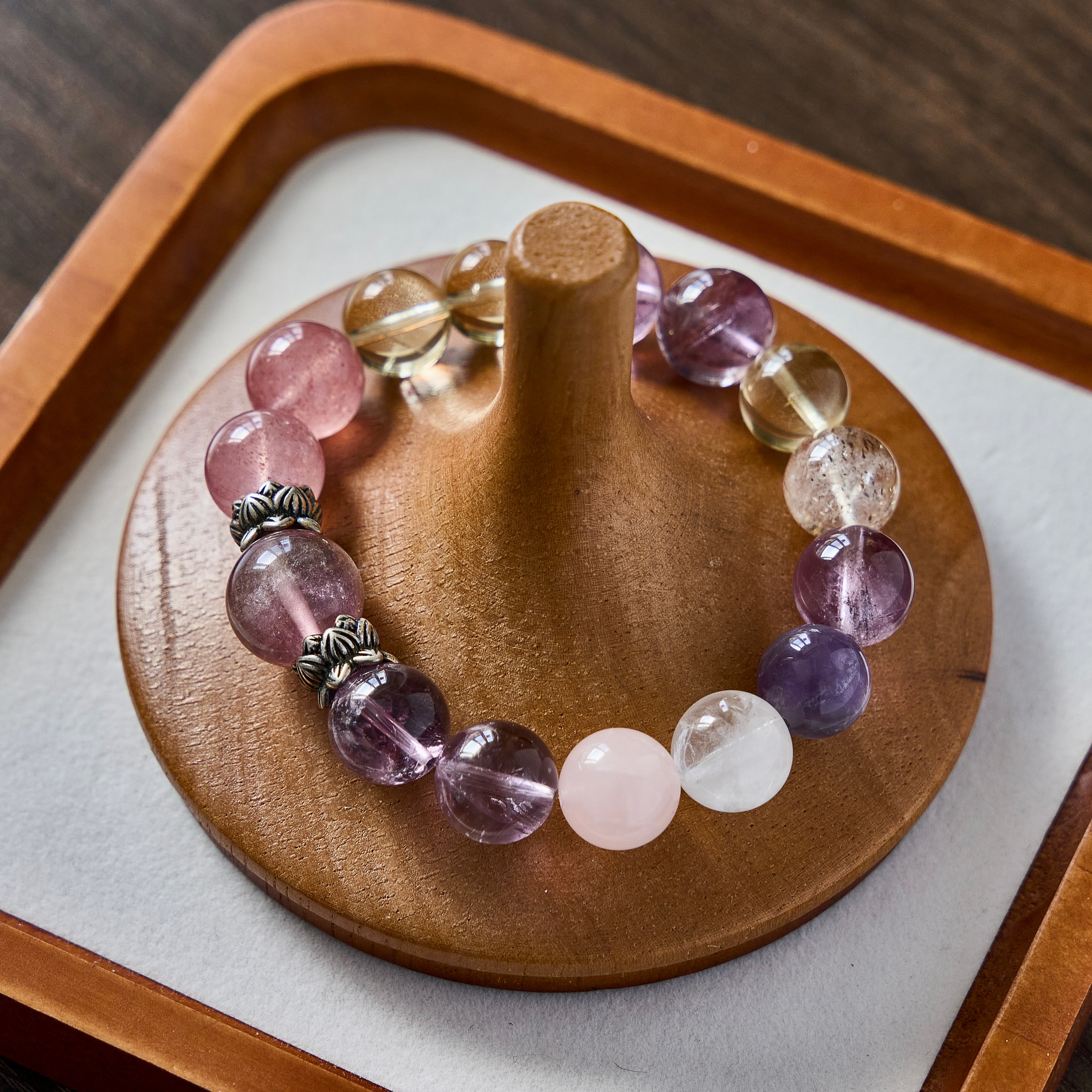 Pastel Aura – Amethyst, Strawberry Quartz & Lemon Quartz Bracelet | Joy · Love · Intuition