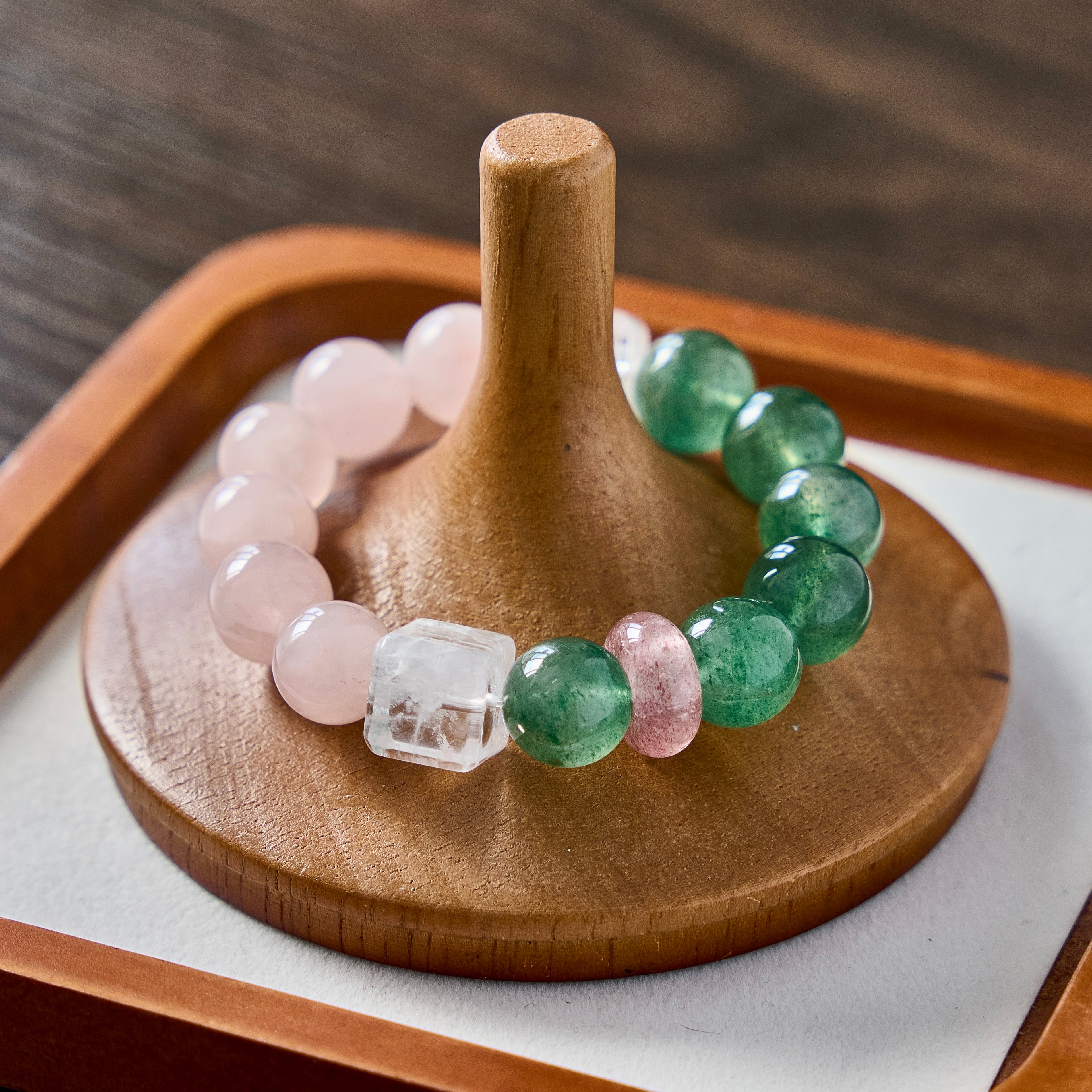 Verdant Rose – Green Strawberry Quartz & Rose Quartz Bracelet | Growth · Love · Heart Renewal