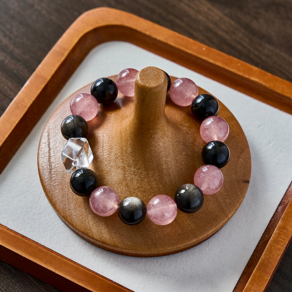 Blush Eclipse – Golden Obsidian & Strawberry Quartz Bracelet with Clear Quartz | Protection · Love · Clarity