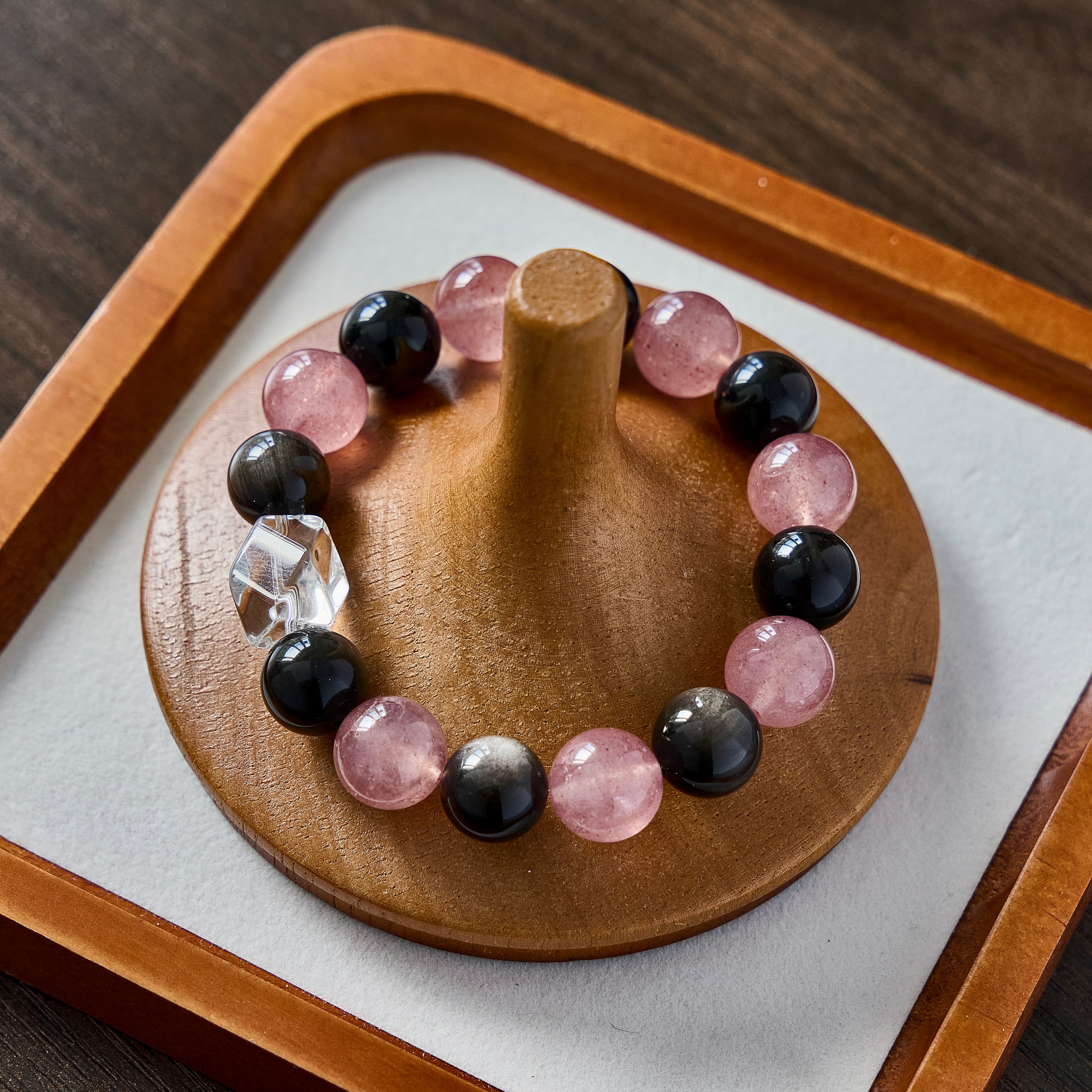 Blush Eclipse – Golden Obsidian & Strawberry Quartz Bracelet with Clear Quartz | Protection · Love · Clarity