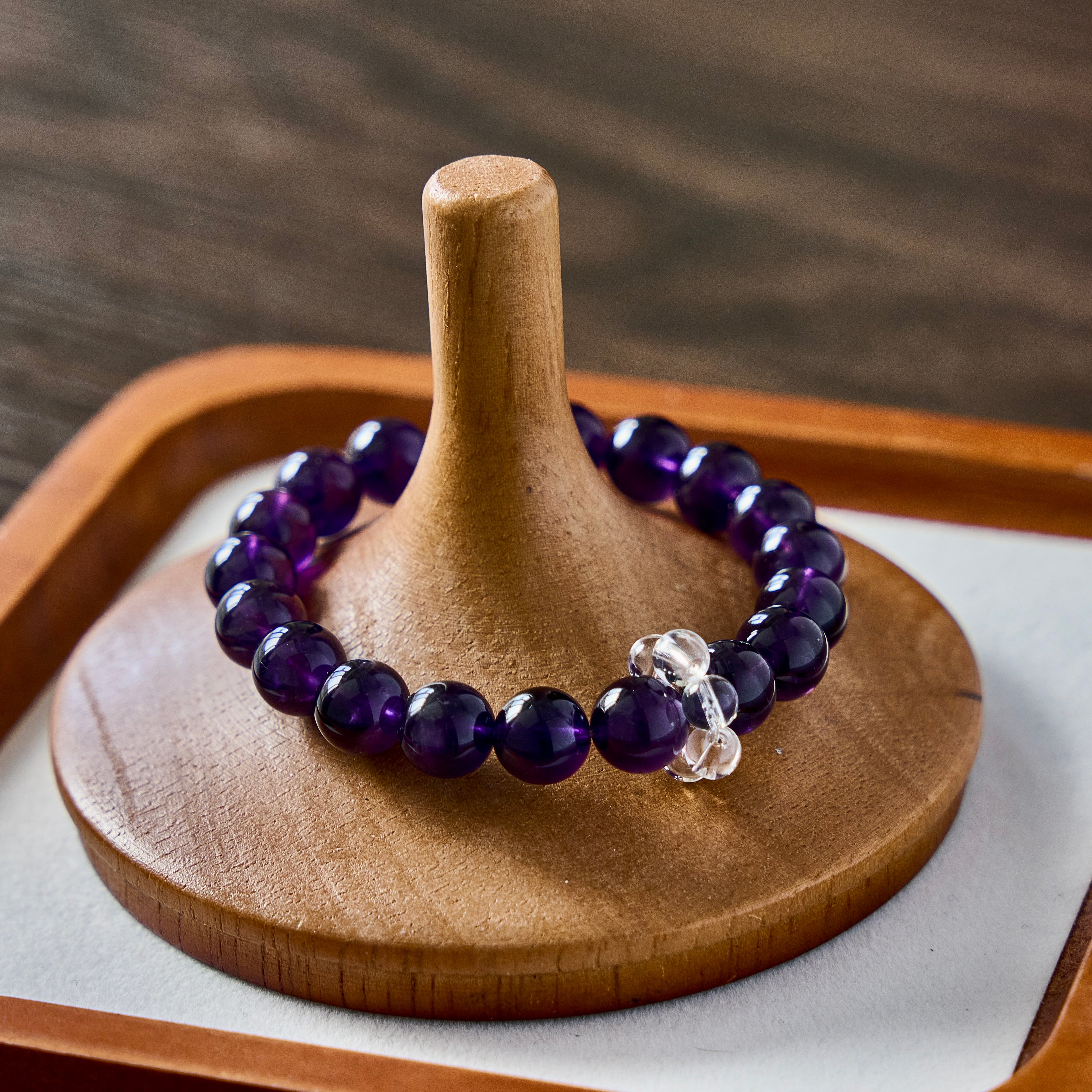 Midnight Violet – Amethyst Bracelet with Clear Quartz Accent | Calm · Intuition · Protection