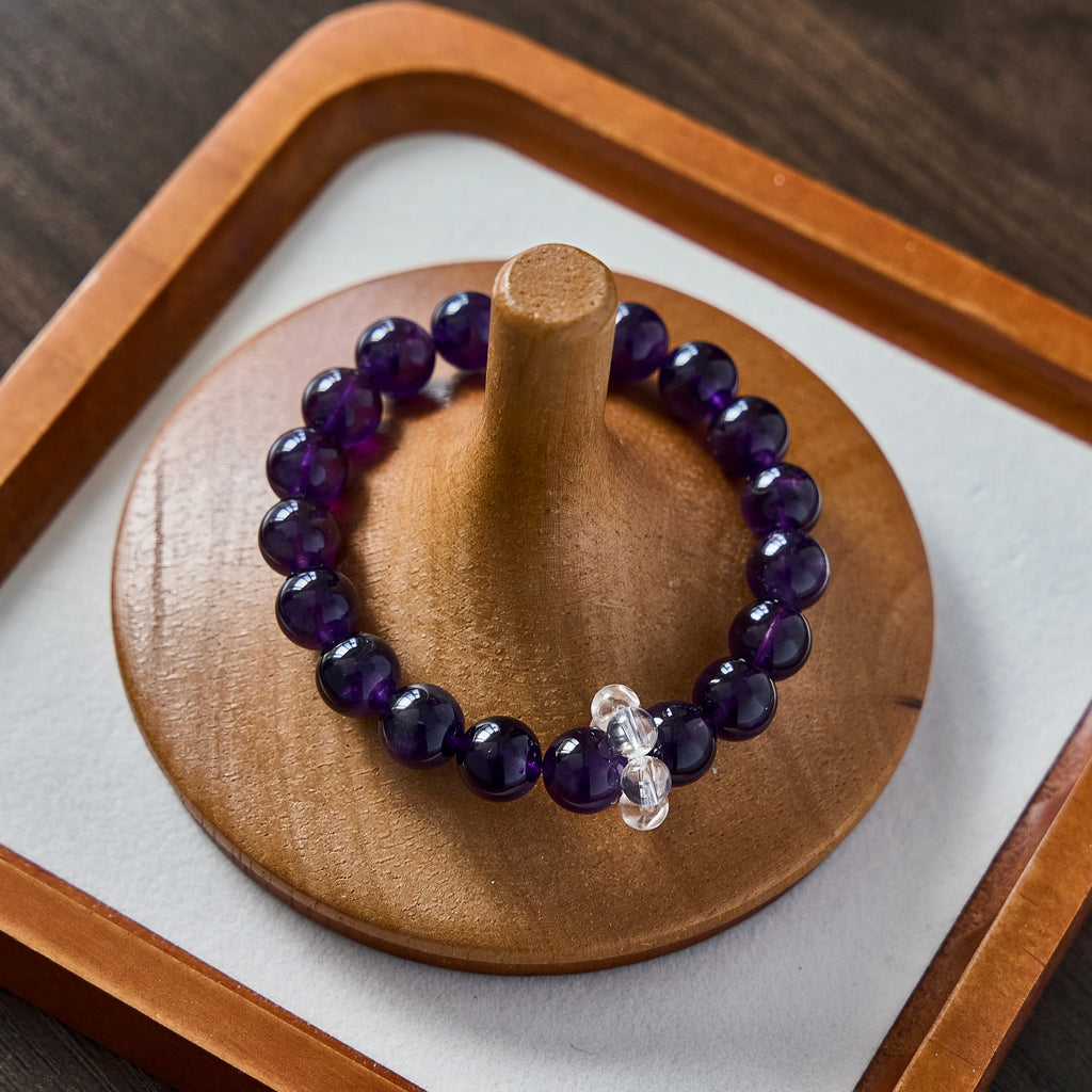 Midnight Violet – Amethyst Bracelet with Clear Quartz Accent | Calm · Intuition · Protection