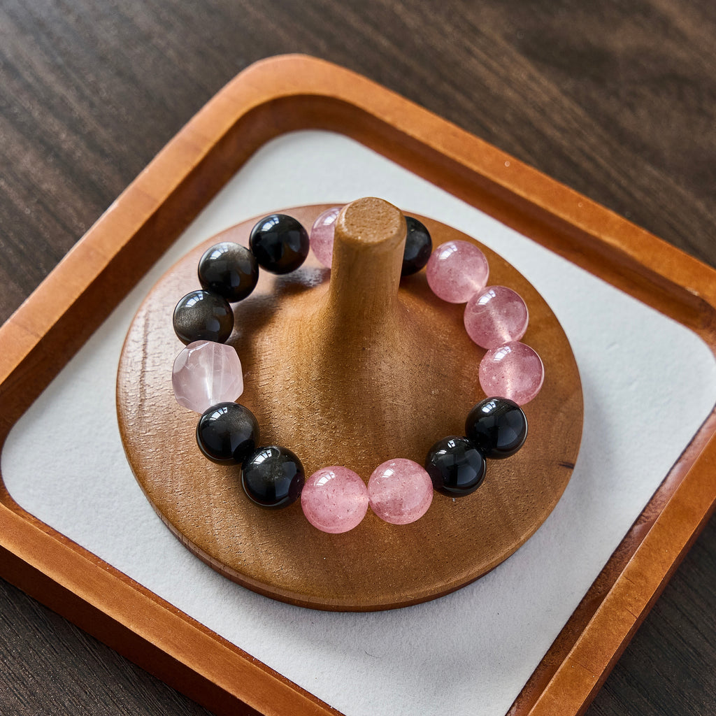 Velvet Ember – Obsidian & Strawberry Quartz Bracelet with Rose Quartz | Protection · Love · Emotional Grounding