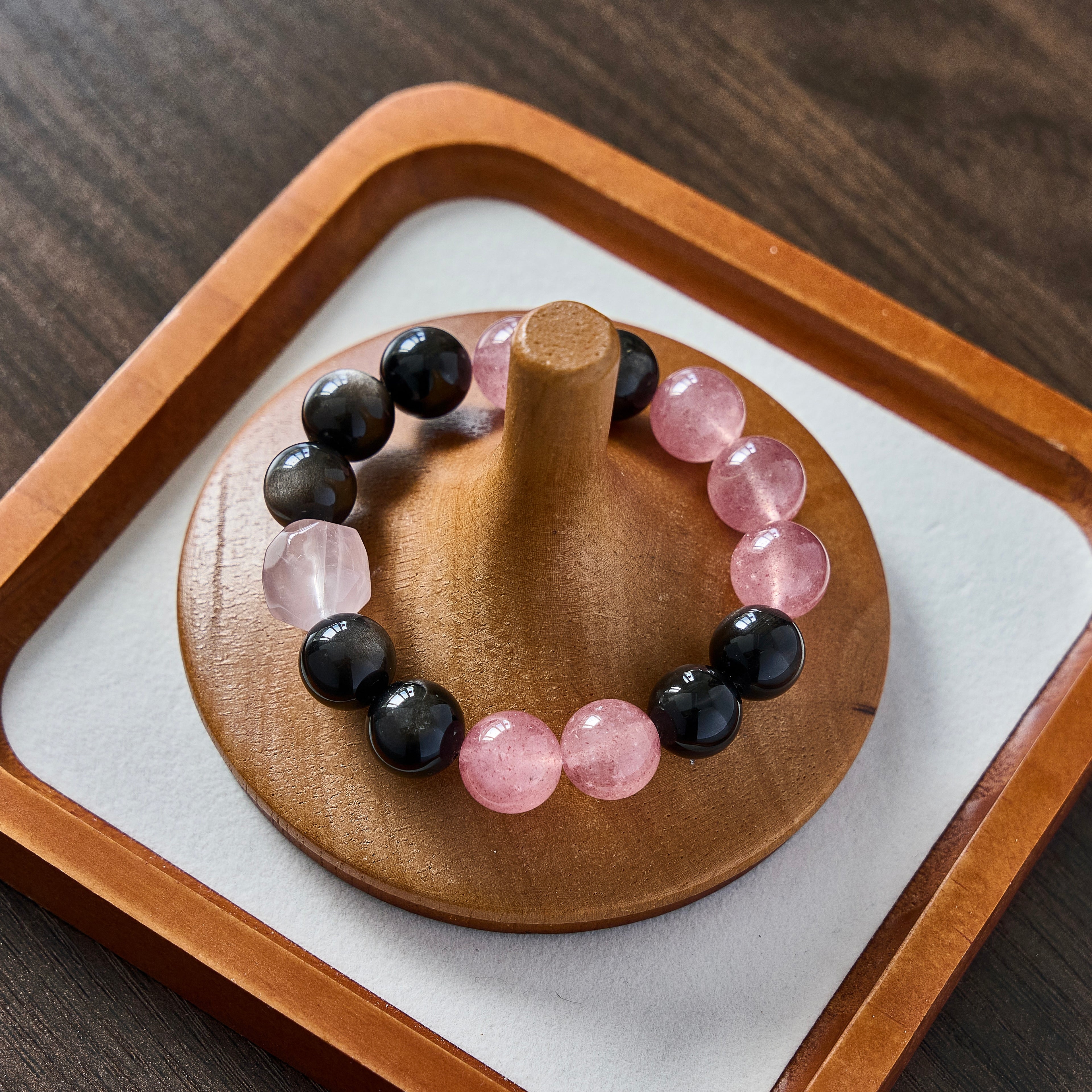 Velvet Ember – Obsidian & Strawberry Quartz Bracelet with Rose Quartz | Protection · Love · Emotional Grounding