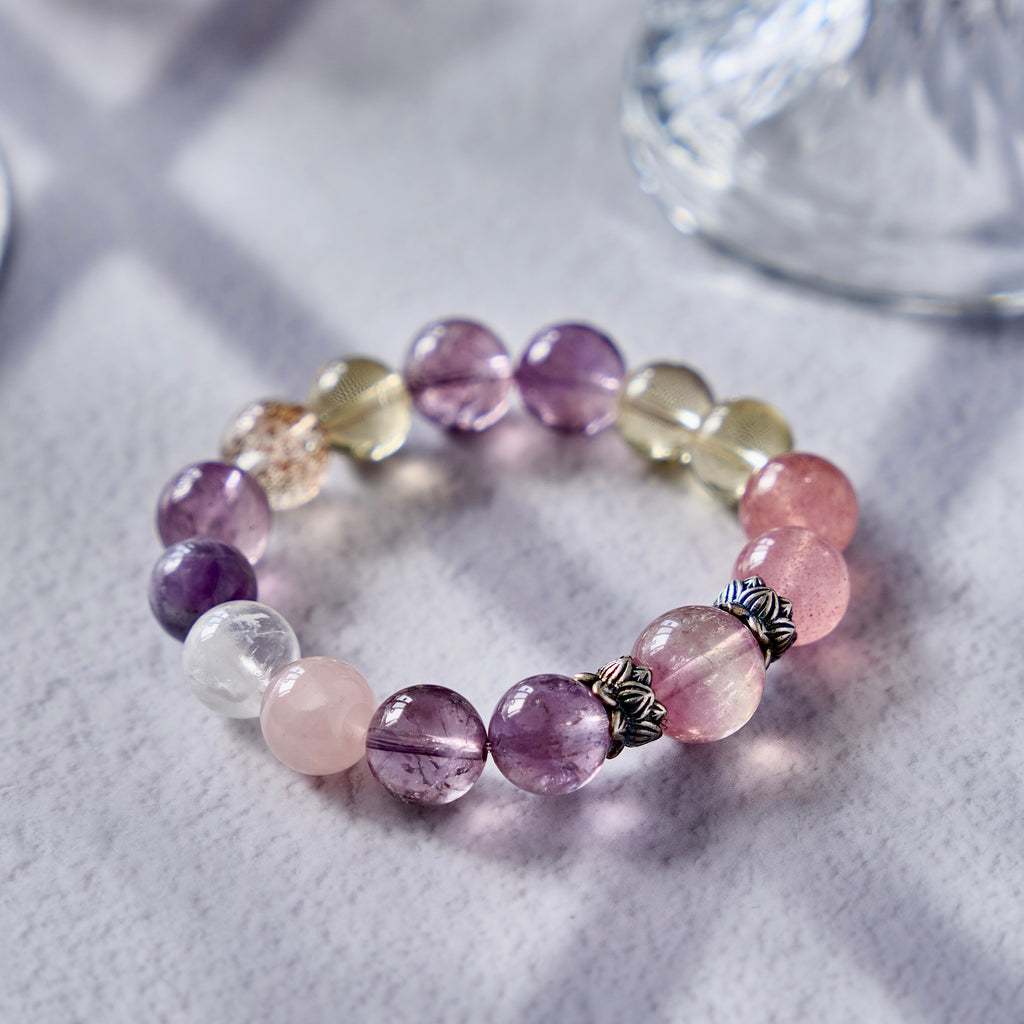 Pastel Aura – Amethyst, Strawberry Quartz & Lemon Quartz Bracelet | Joy · Love · Intuition