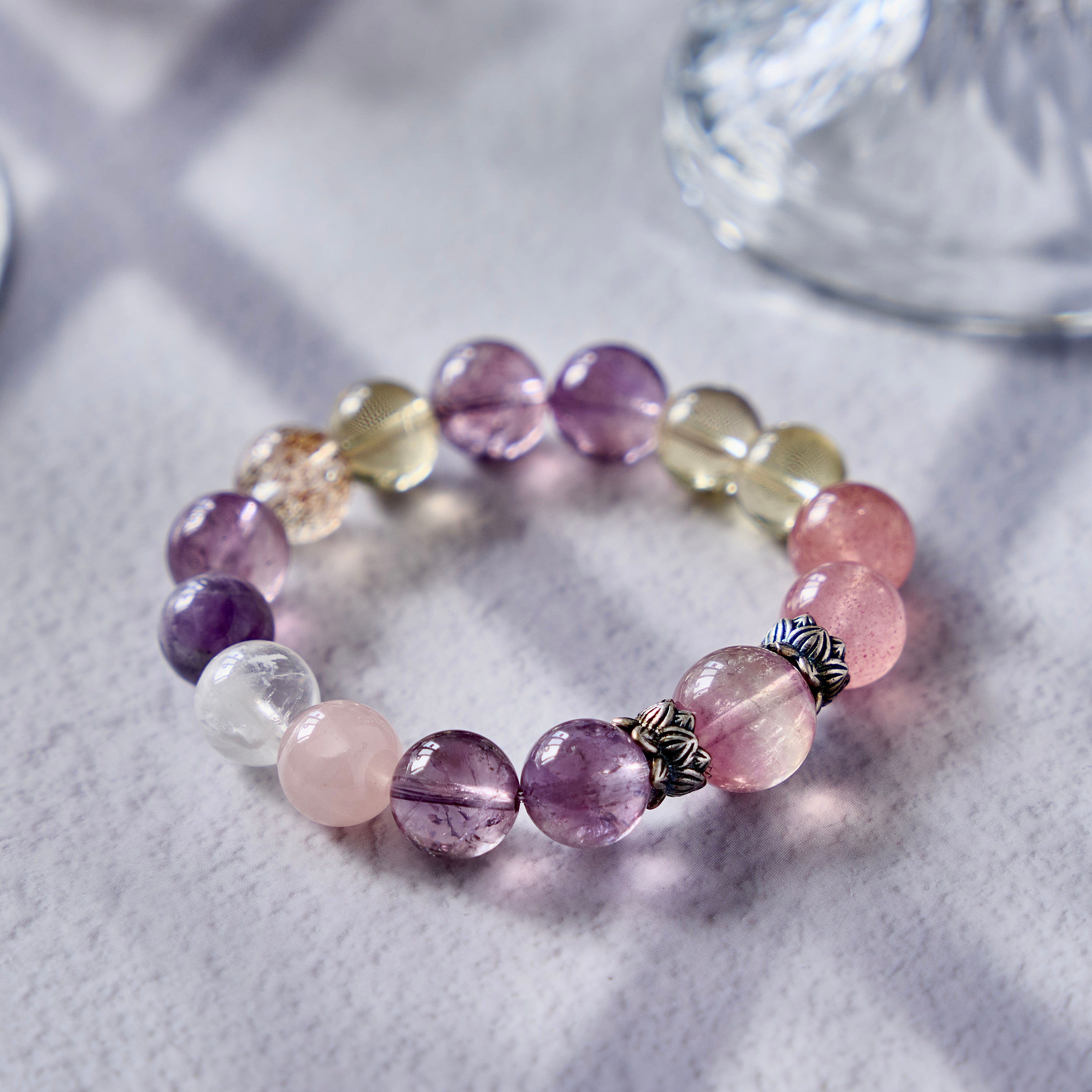 Pastel Aura – Amethyst, Strawberry Quartz & Lemon Quartz Bracelet | Joy · Love · Intuition
