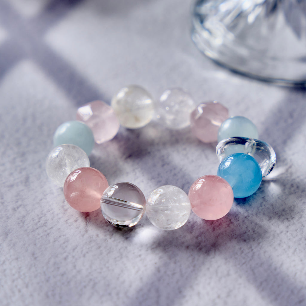 Cloud Reverie – Rose Quartz & Aquamarine Bracelet with Clear Quartz | Calm · Emotional Balance · Open-Hearted