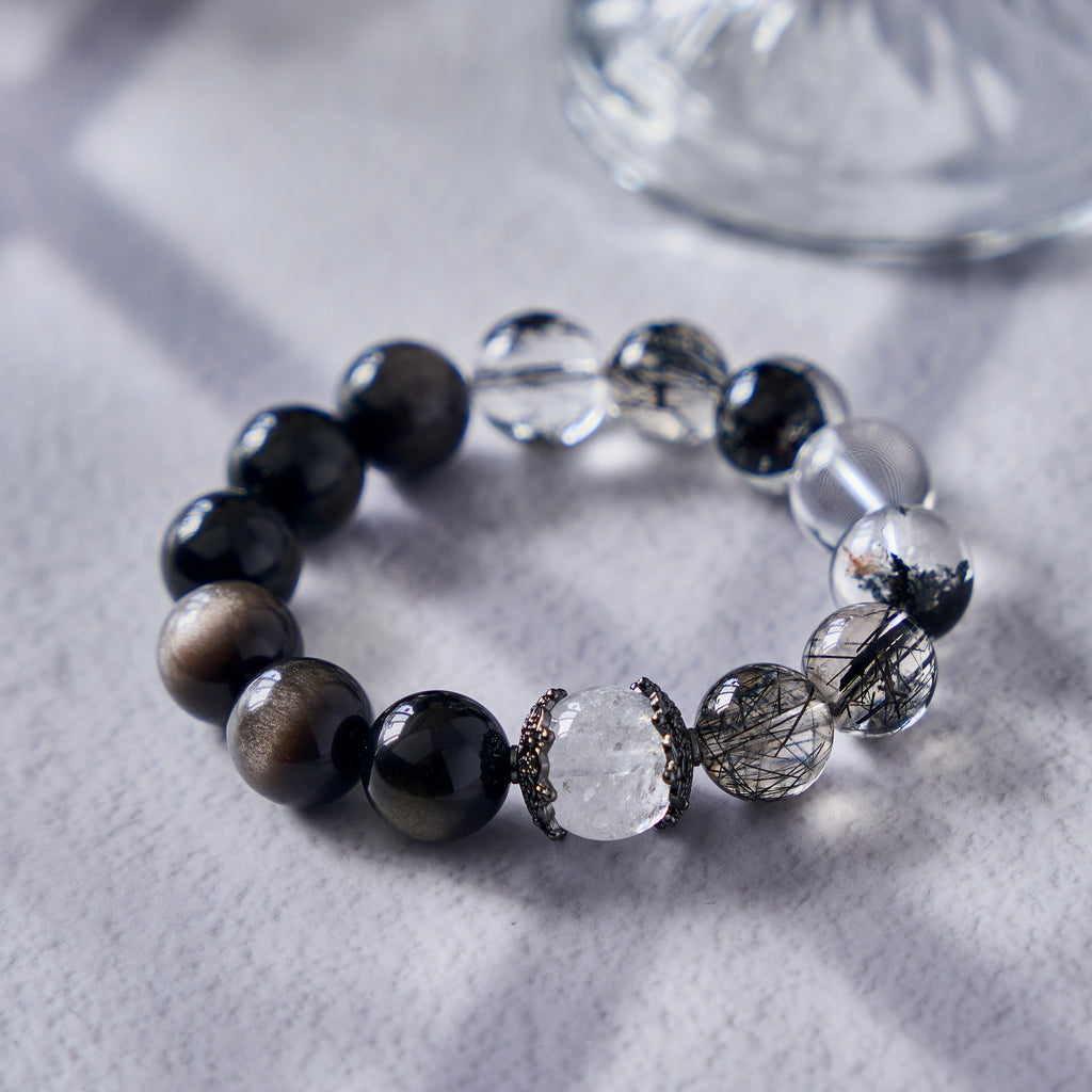 Shadow Lace – Black Rutilated Quartz, Clear Quartz & Obsidian Bracelet | Protection · Clarity · Grounding