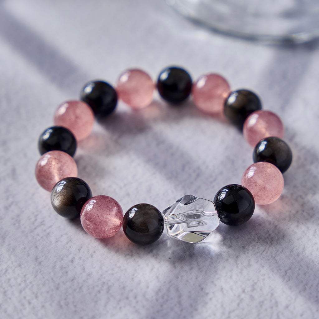 Blush Eclipse – Golden Obsidian & Strawberry Quartz Bracelet with Clear Quartz | Protection · Love · Clarity