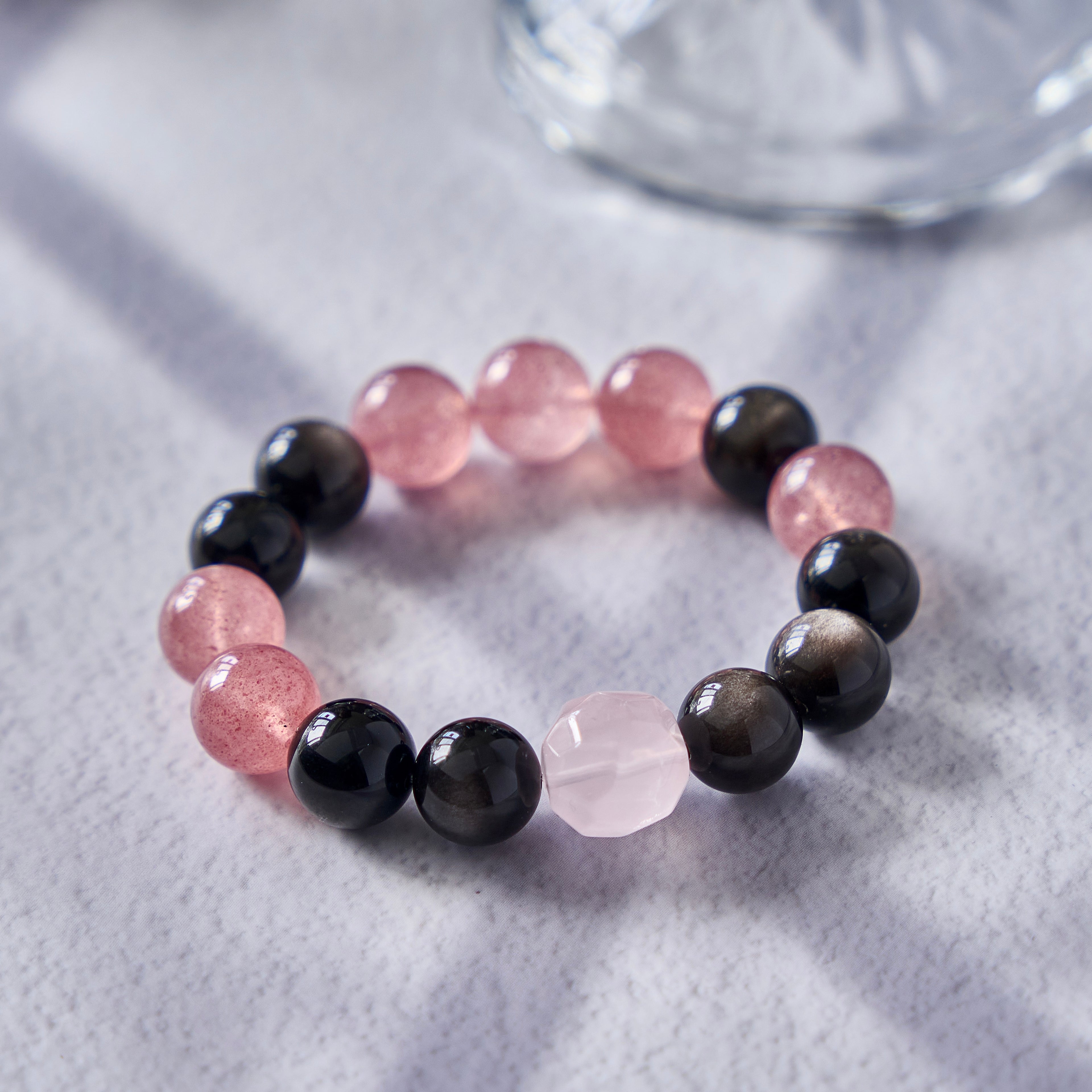 Velvet Ember – Obsidian & Strawberry Quartz Bracelet with Rose Quartz | Protection · Love · Emotional Grounding