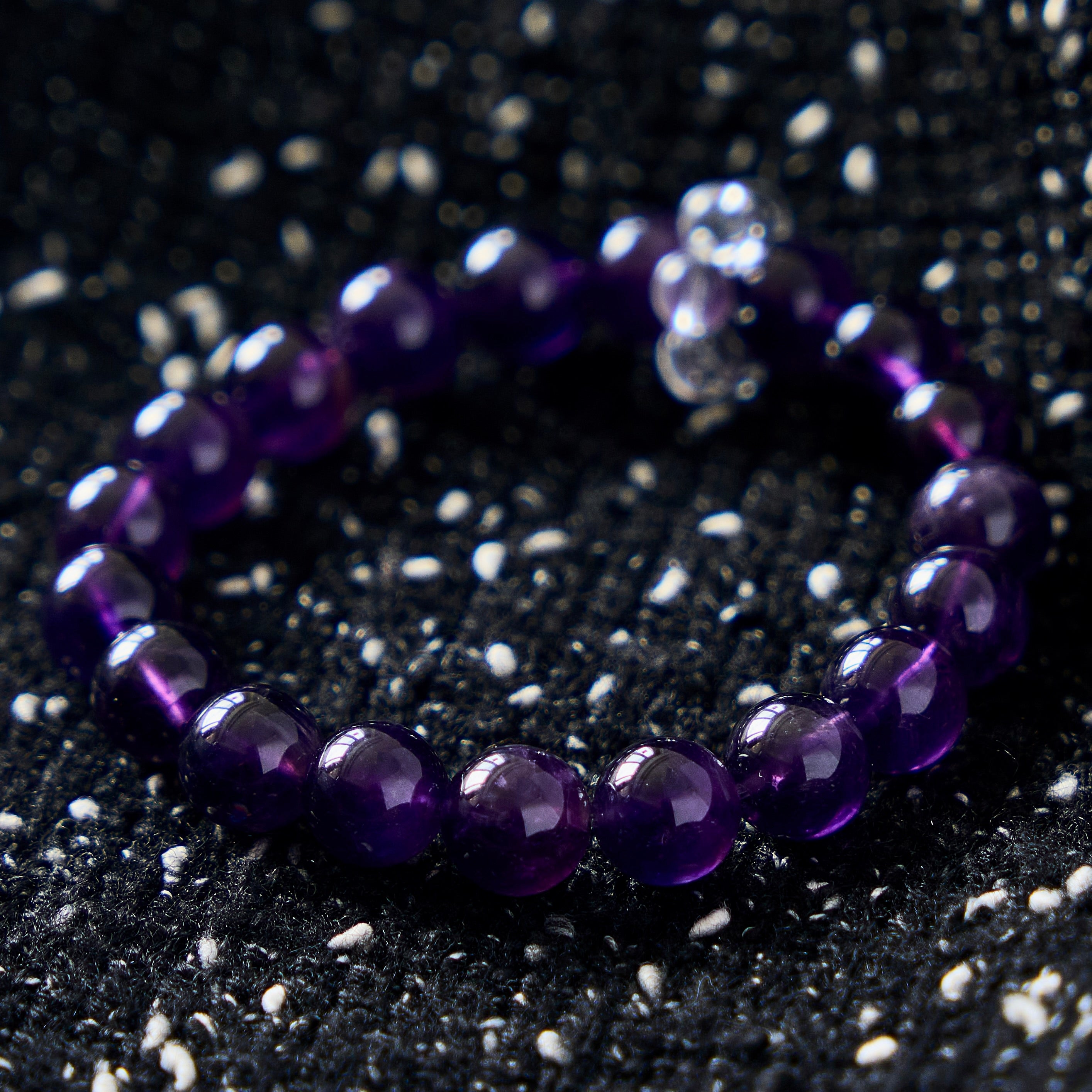 Midnight Violet – Amethyst Bracelet with Clear Quartz Accent | Calm · Intuition · Protection