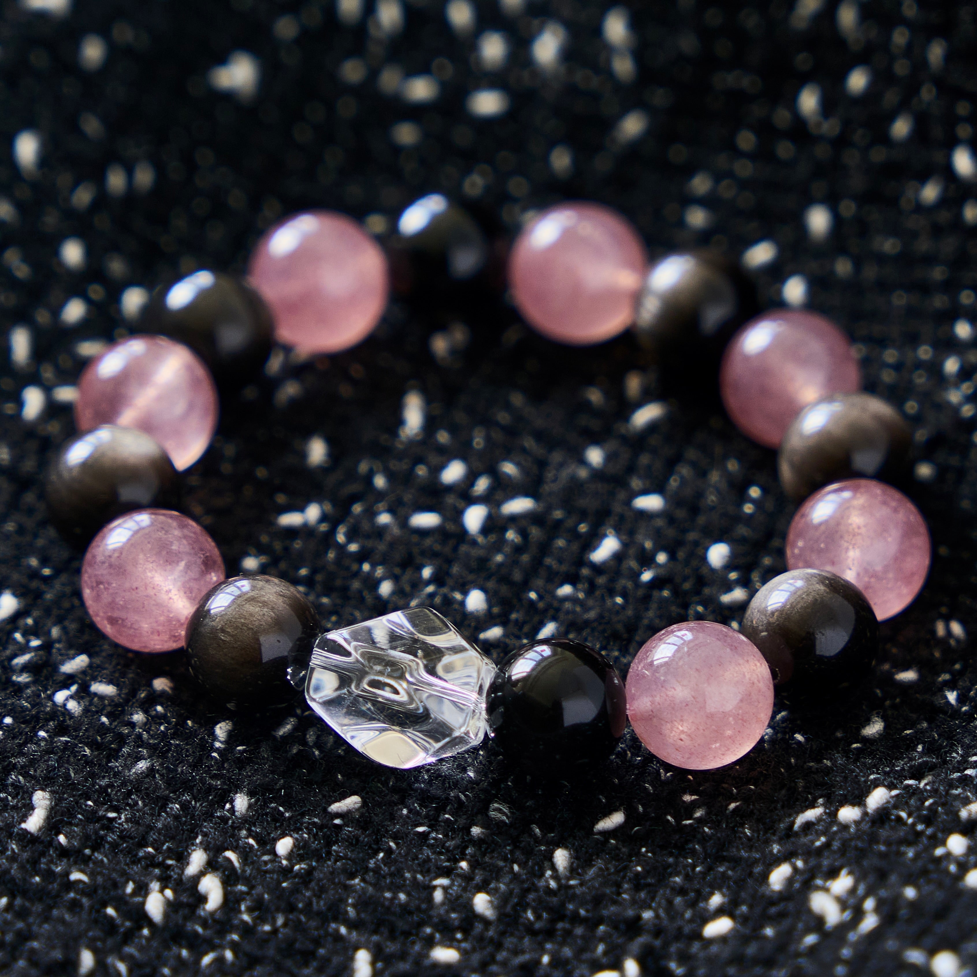 Blush Eclipse – Golden Obsidian & Strawberry Quartz Bracelet with Clear Quartz | Protection · Love · Clarity