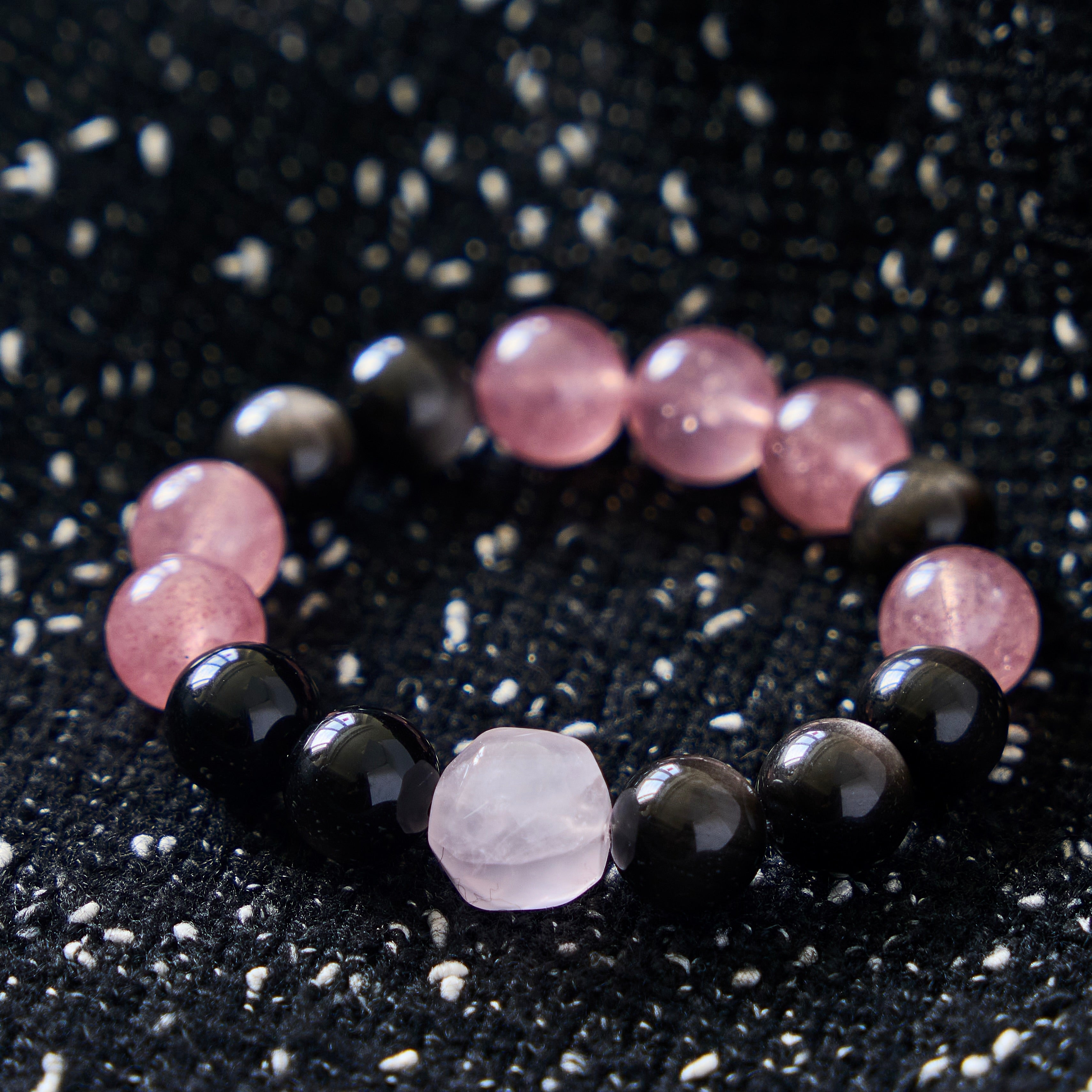 Velvet Ember – Obsidian & Strawberry Quartz Bracelet with Rose Quartz | Protection · Love · Emotional Grounding
