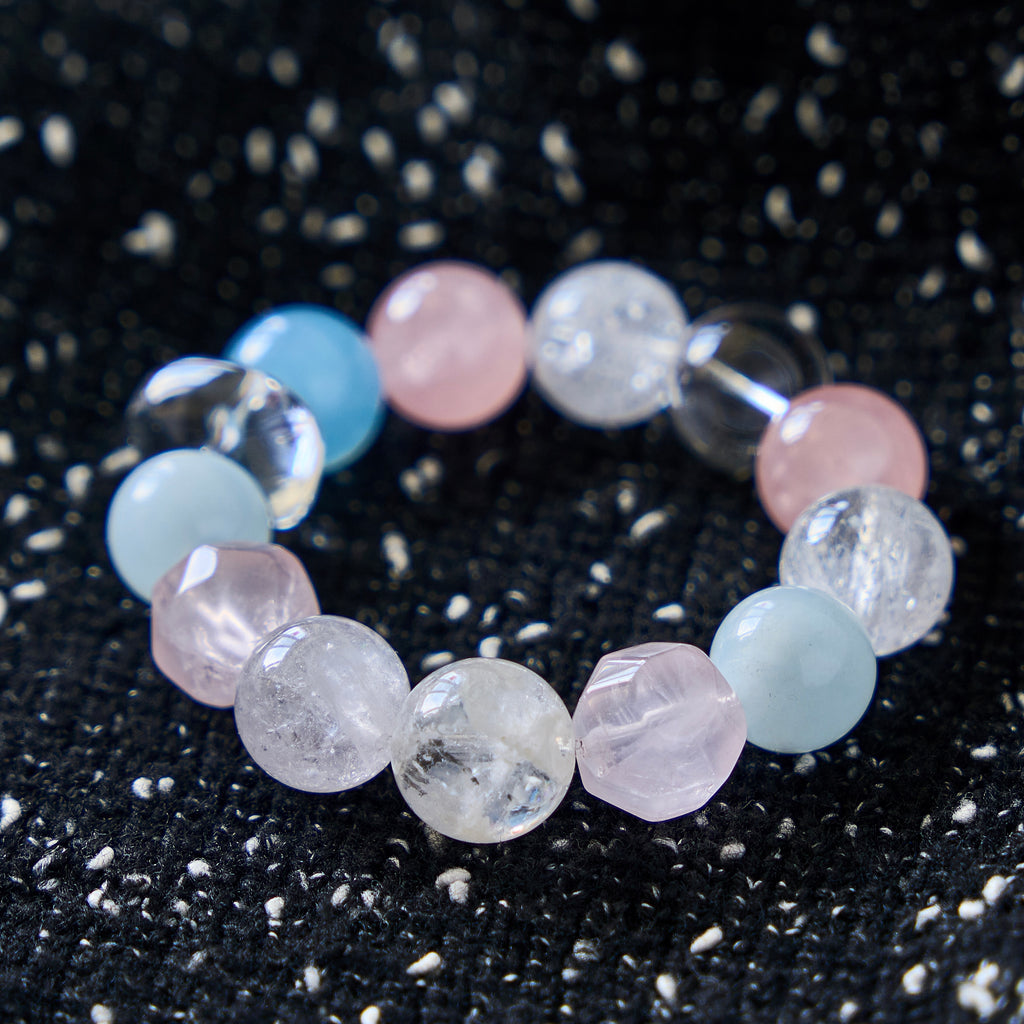 Cloud Reverie – Rose Quartz & Aquamarine Bracelet with Clear Quartz | Calm · Emotional Balance · Open-Hearted