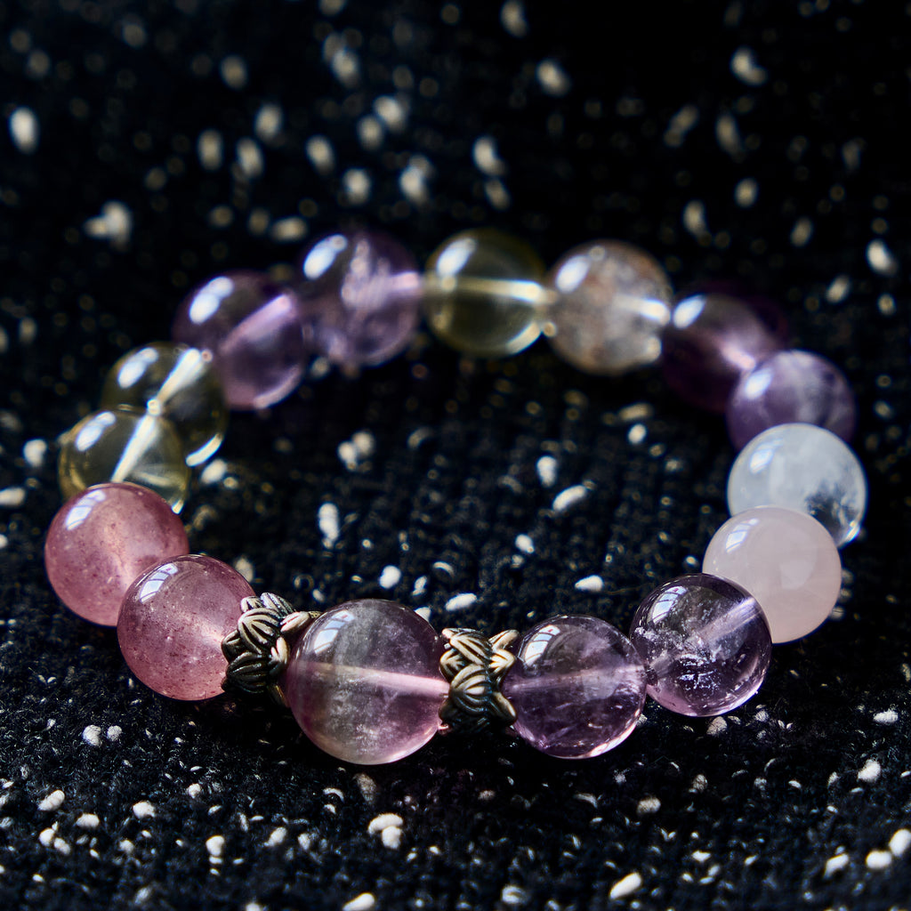 Pastel Aura – Amethyst, Strawberry Quartz & Lemon Quartz Bracelet | Joy · Love · Intuition