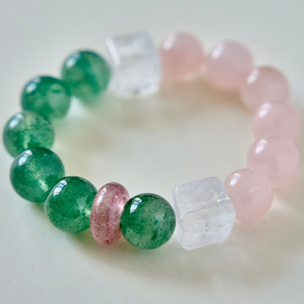 Verdant Rose – Green Strawberry Quartz & Rose Quartz Bracelet | Growth · Love · Heart Renewal