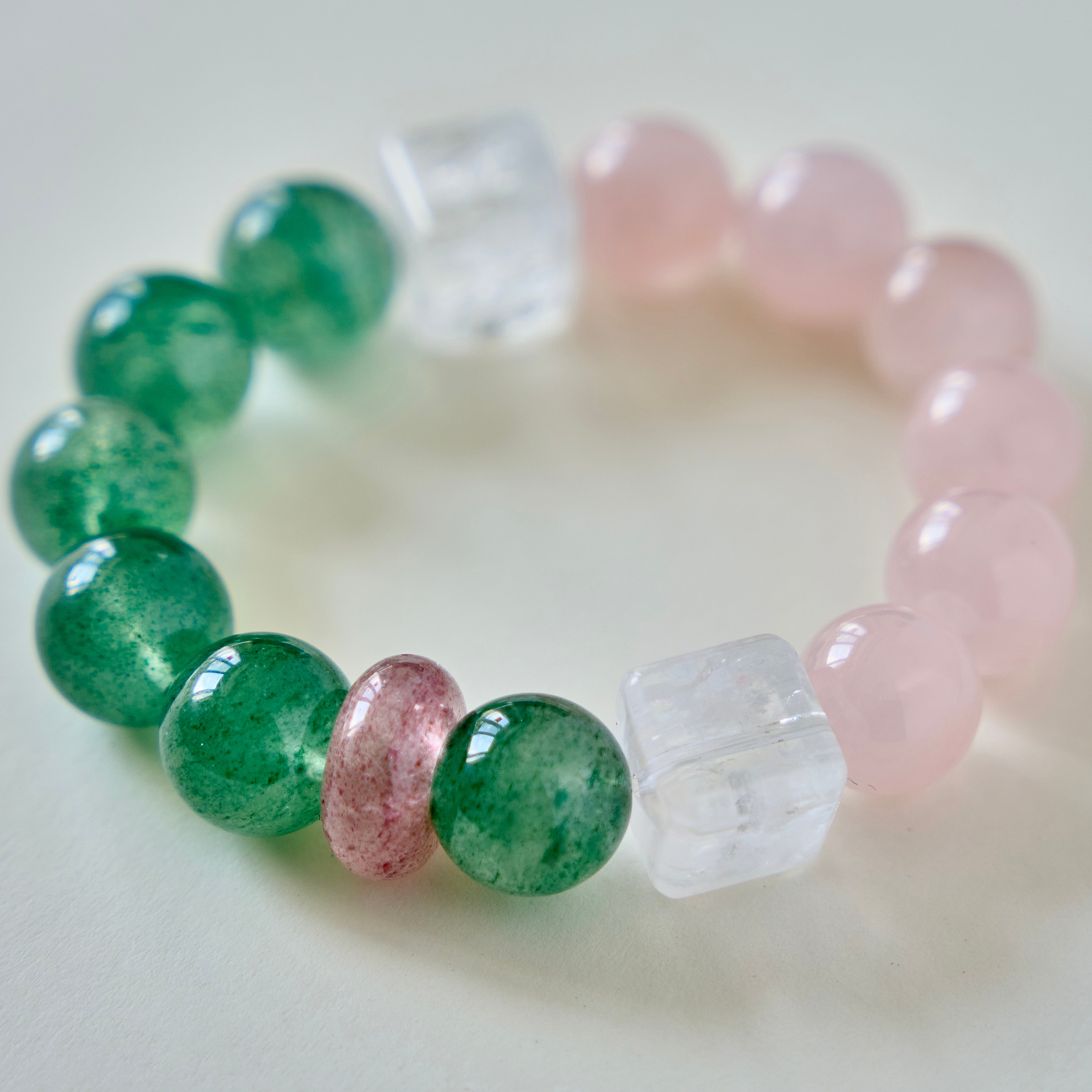 Verdant Rose – Green Strawberry Quartz & Rose Quartz Bracelet | Growth · Love · Heart Renewal