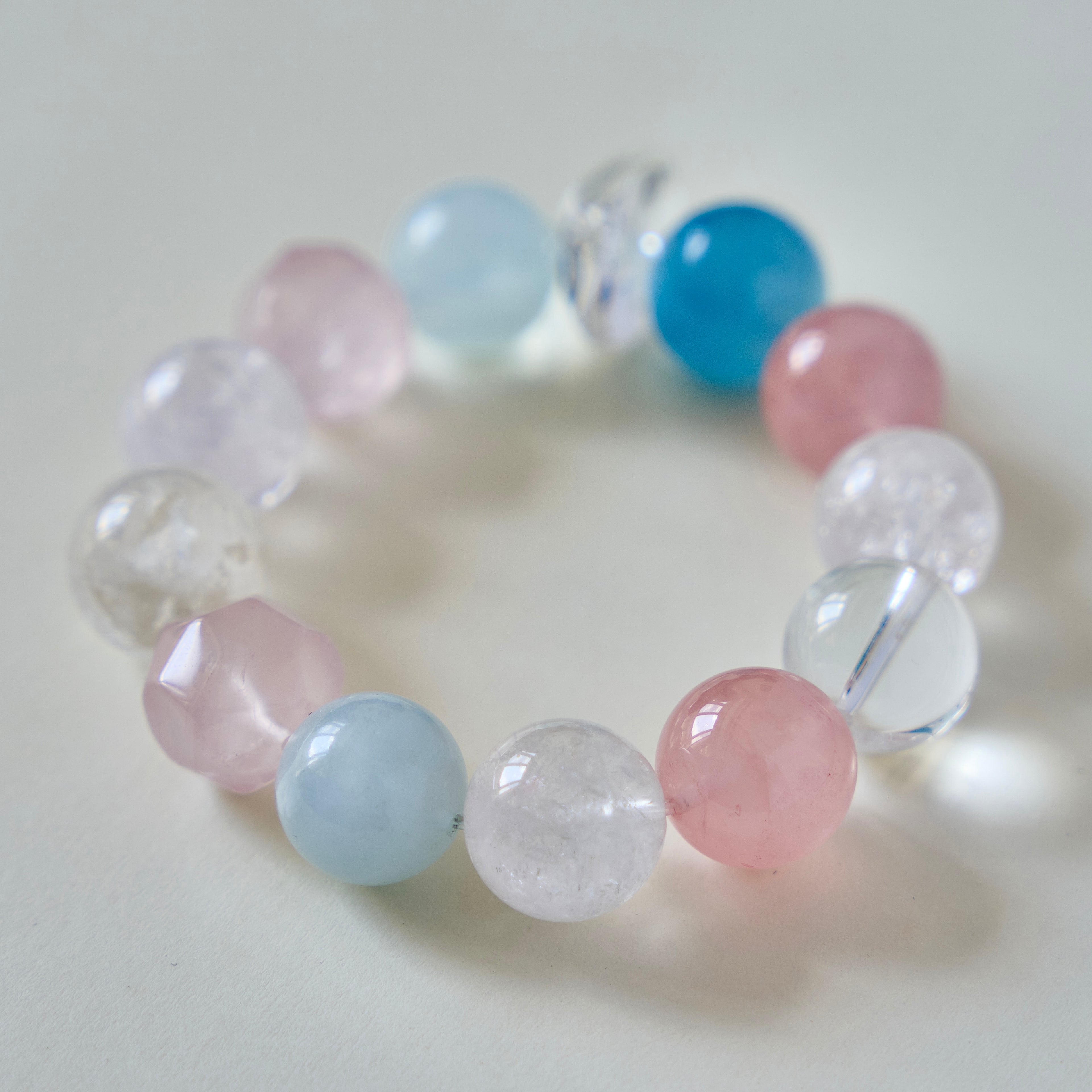 Cloud Reverie – Rose Quartz & Aquamarine Bracelet with Clear Quartz | Calm · Emotional Balance · Open-Hearted