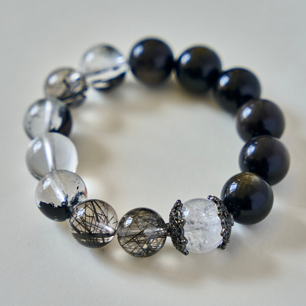 Shadow Lace – Black Rutilated Quartz, Clear Quartz & Obsidian Bracelet | Protection · Clarity · Grounding
