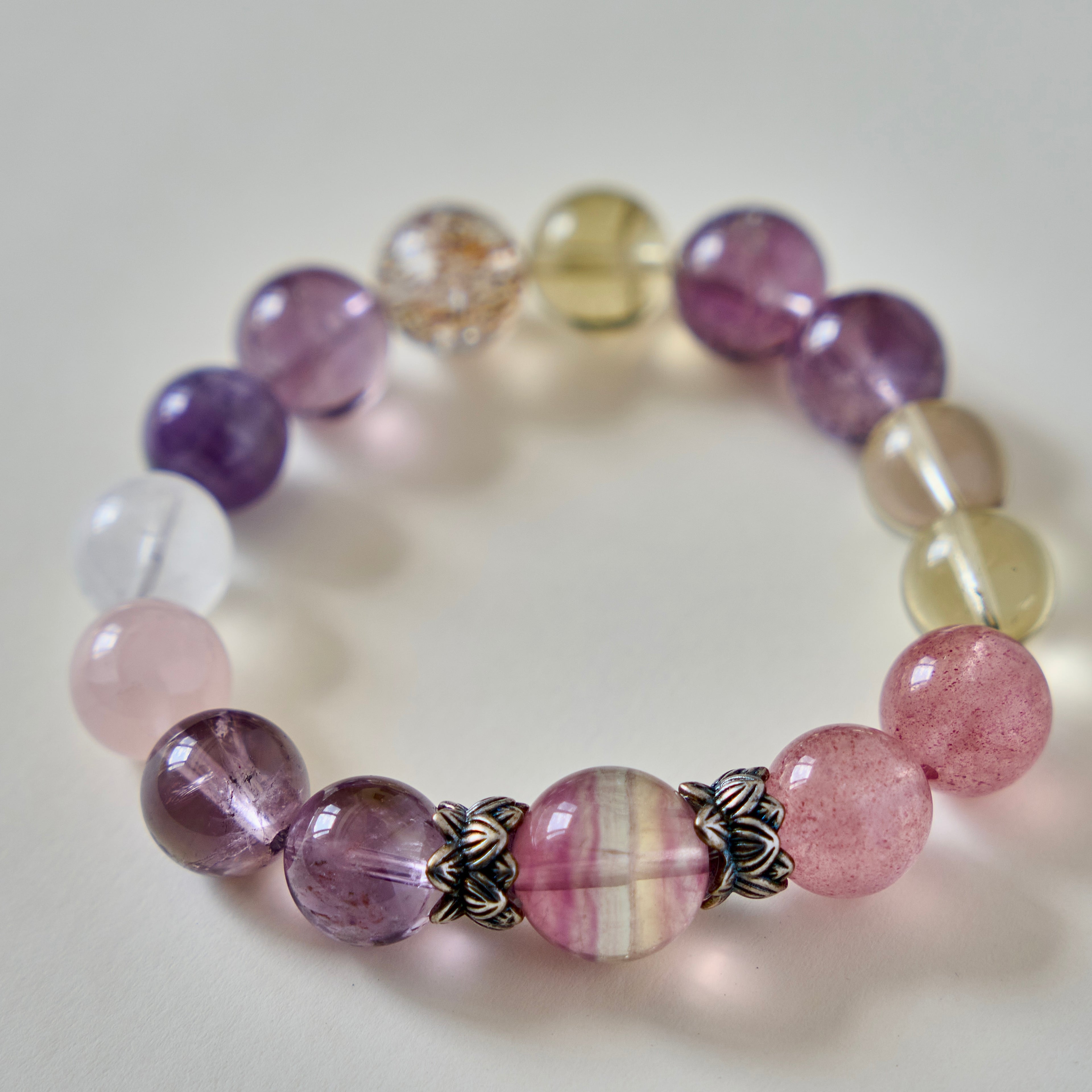 Pastel Aura – Amethyst, Strawberry Quartz & Lemon Quartz Bracelet | Joy · Love · Intuition