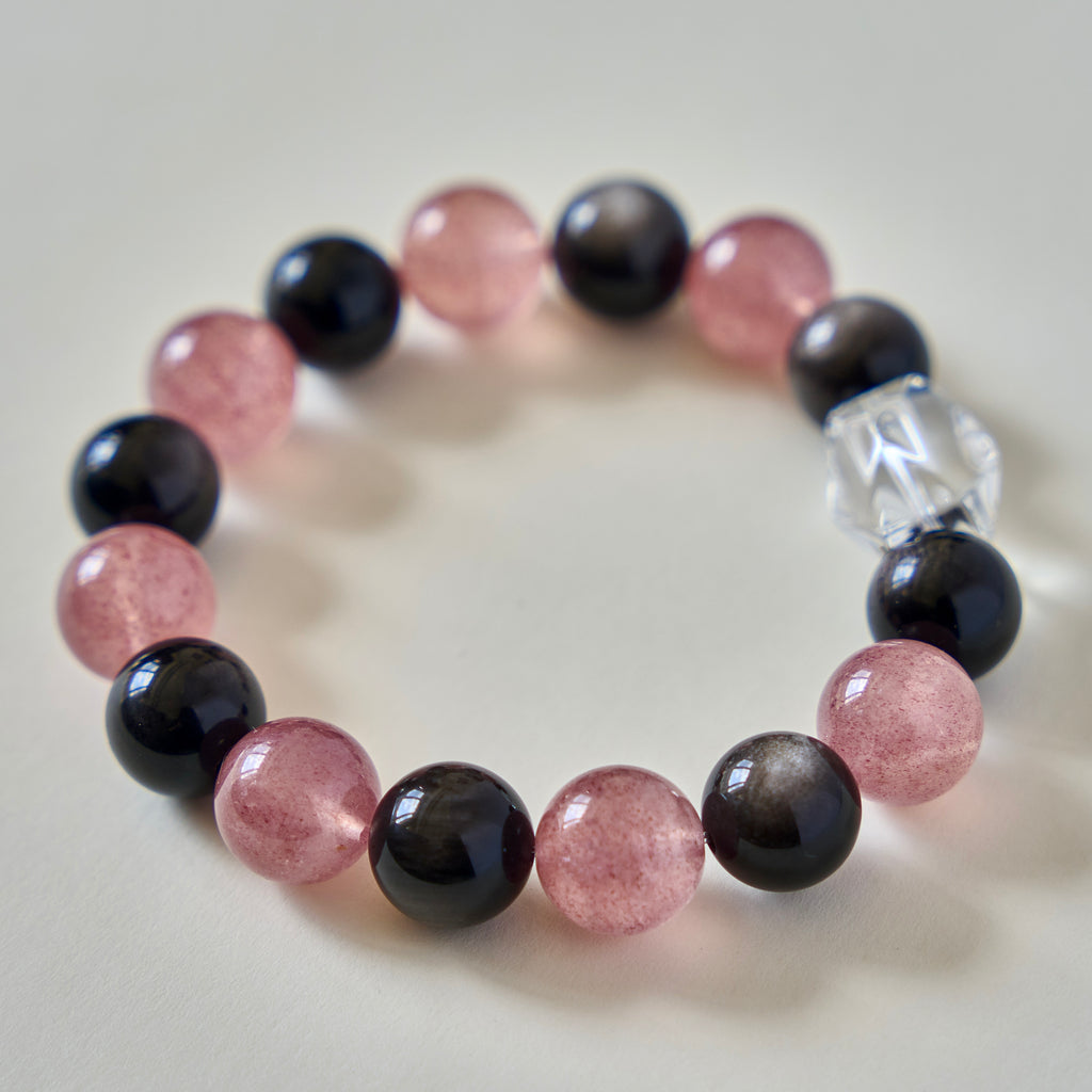 Blush Eclipse – Golden Obsidian & Strawberry Quartz Bracelet with Clear Quartz | Protection · Love · Clarity