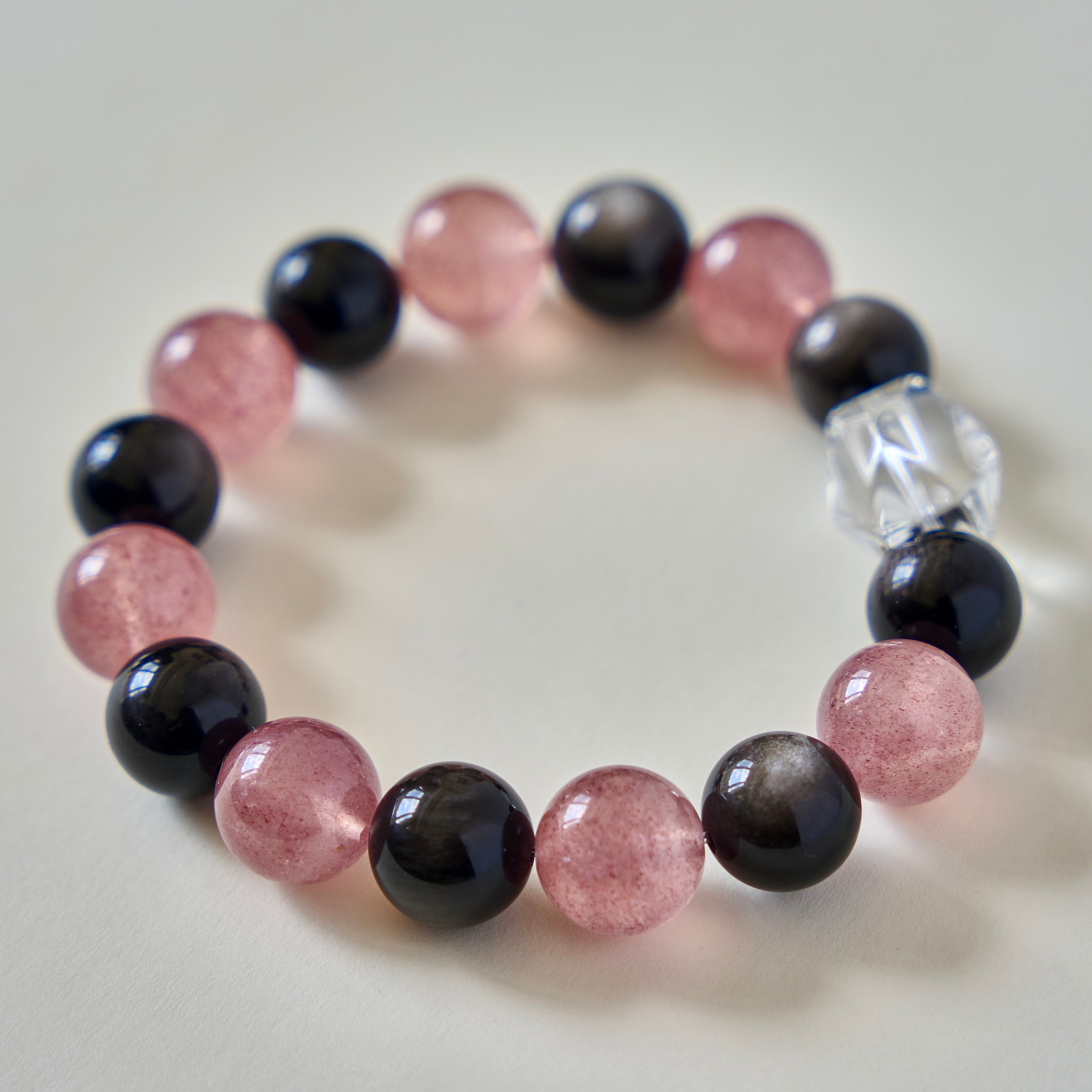 Blush Eclipse – Golden Obsidian & Strawberry Quartz Bracelet with Clear Quartz | Protection · Love · Clarity
