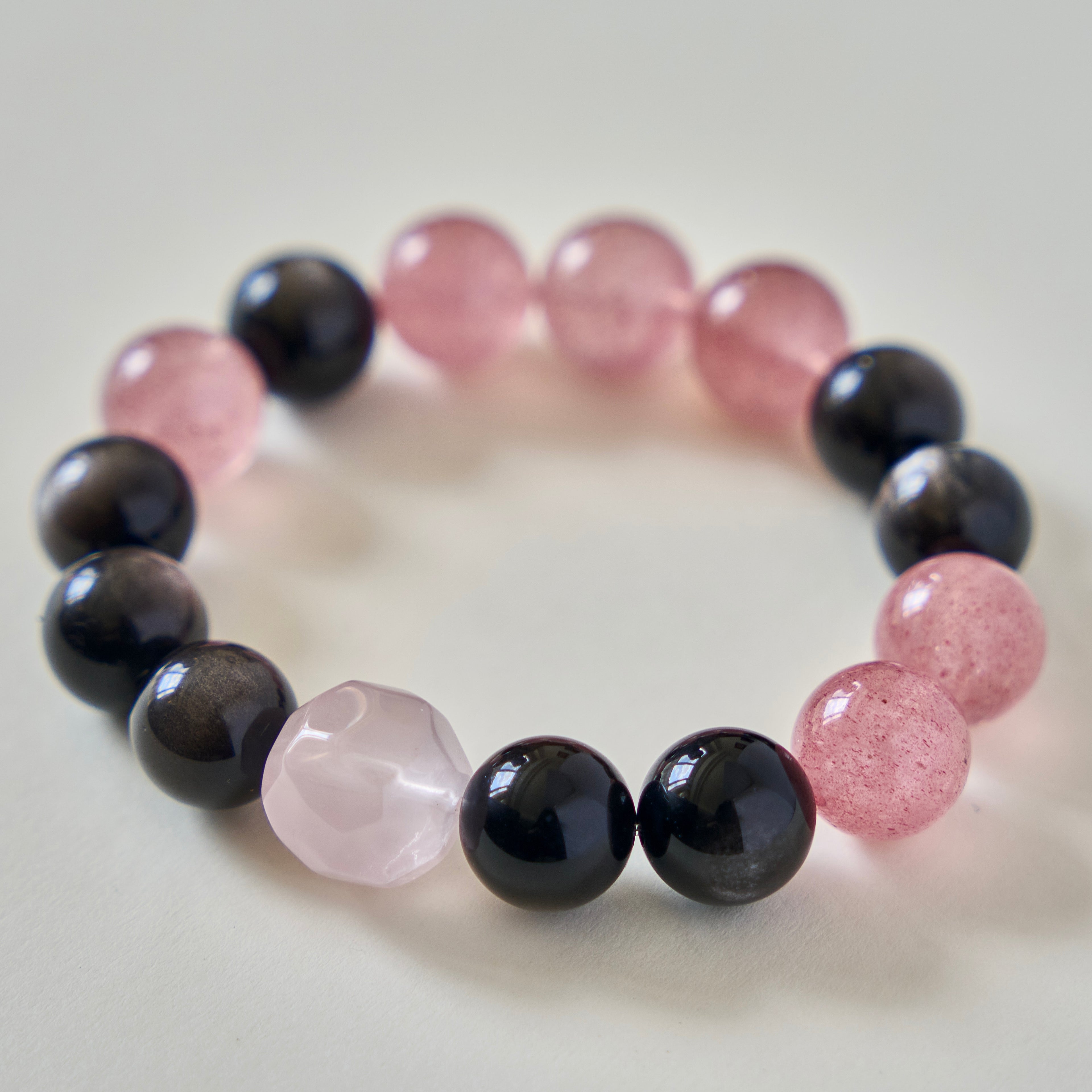 Velvet Ember – Obsidian & Strawberry Quartz Bracelet with Rose Quartz | Protection · Love · Emotional Grounding