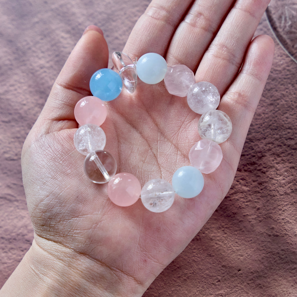 Cloud Reverie – Rose Quartz & Aquamarine Bracelet with Clear Quartz | Calm · Emotional Balance · Open-Hearted