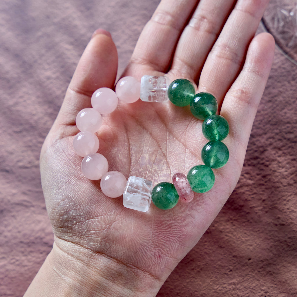 Verdant Rose – Green Strawberry Quartz & Rose Quartz Bracelet | Growth · Love · Heart Renewal