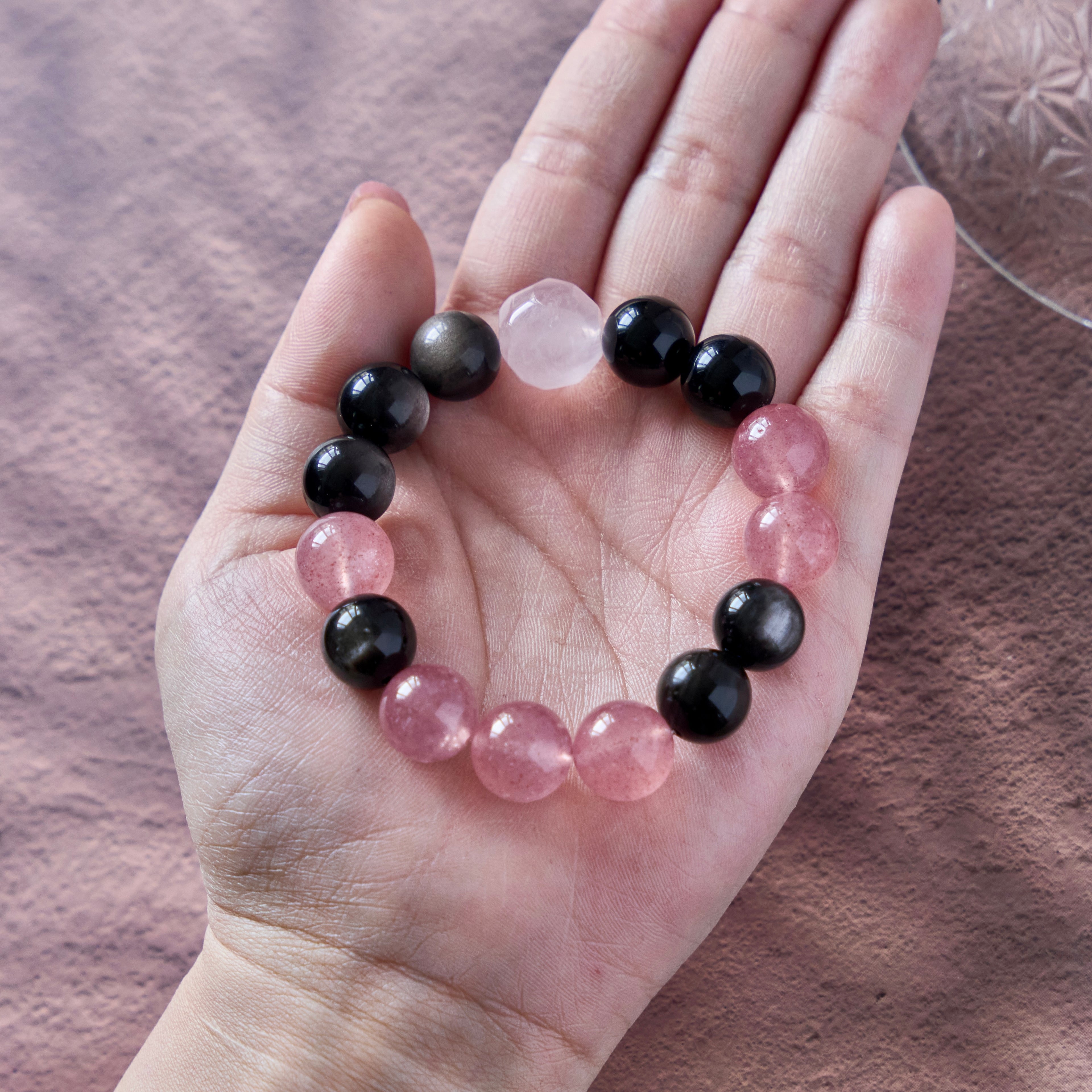 Velvet Ember – Obsidian & Strawberry Quartz Bracelet with Rose Quartz | Protection · Love · Emotional Grounding