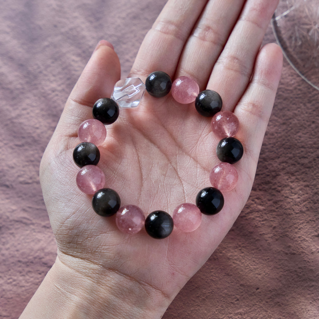Blush Eclipse – Golden Obsidian & Strawberry Quartz Bracelet with Clear Quartz | Protection · Love · Clarity