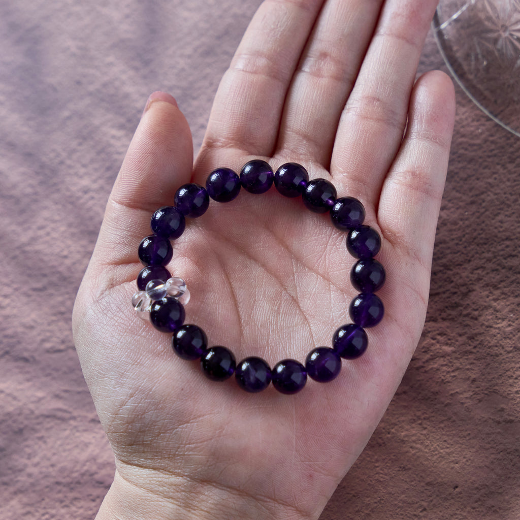 Midnight Violet – Amethyst Bracelet with Clear Quartz Accent | Calm · Intuition · Protection