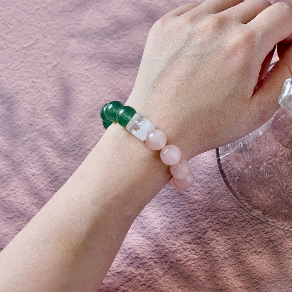 Verdant Rose – Green Strawberry Quartz & Rose Quartz Bracelet | Growth · Love · Heart Renewal