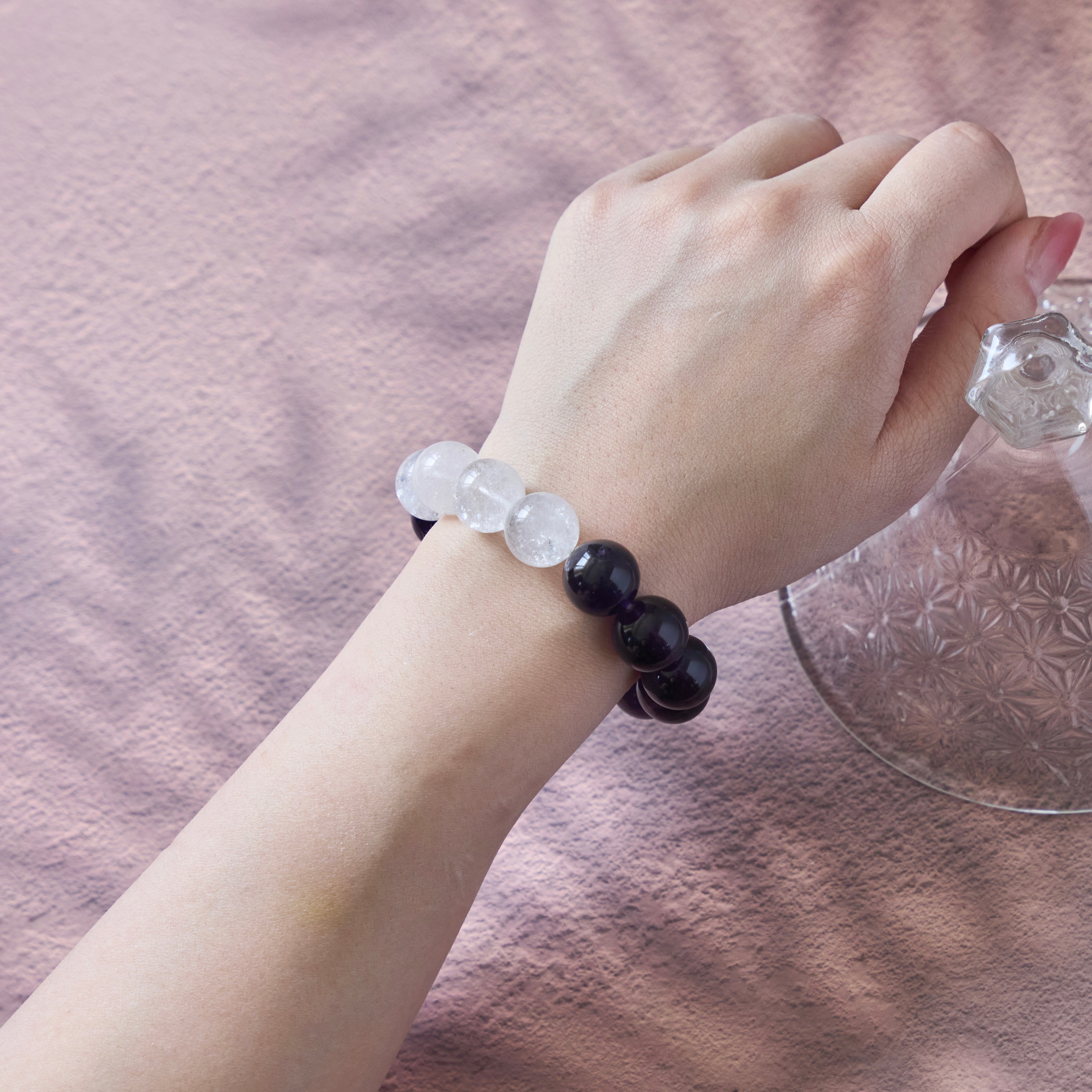 Lunar Violet – Amethyst & Clear Quartz Crystal Bracelet | Calm · Clarity · Intuition