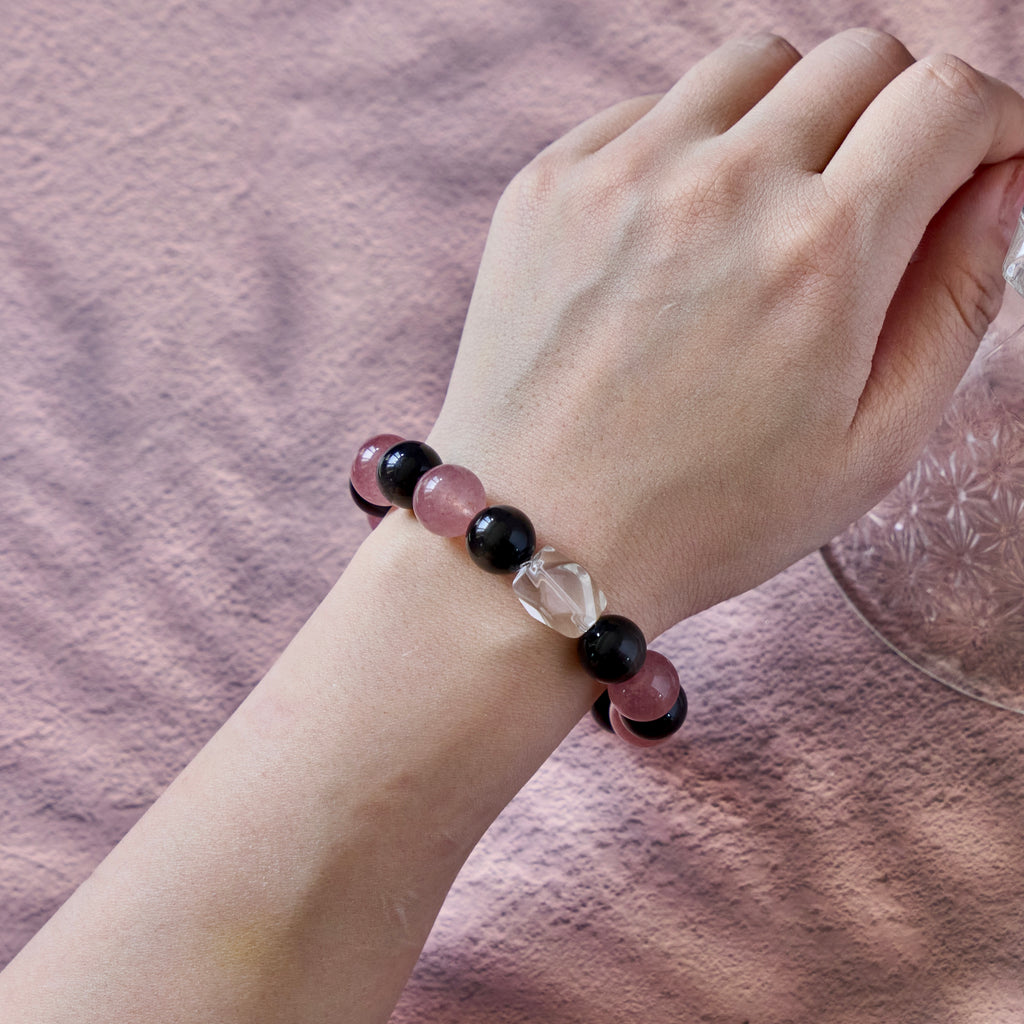 Blush Eclipse – Golden Obsidian & Strawberry Quartz Bracelet with Clear Quartz | Protection · Love · Clarity