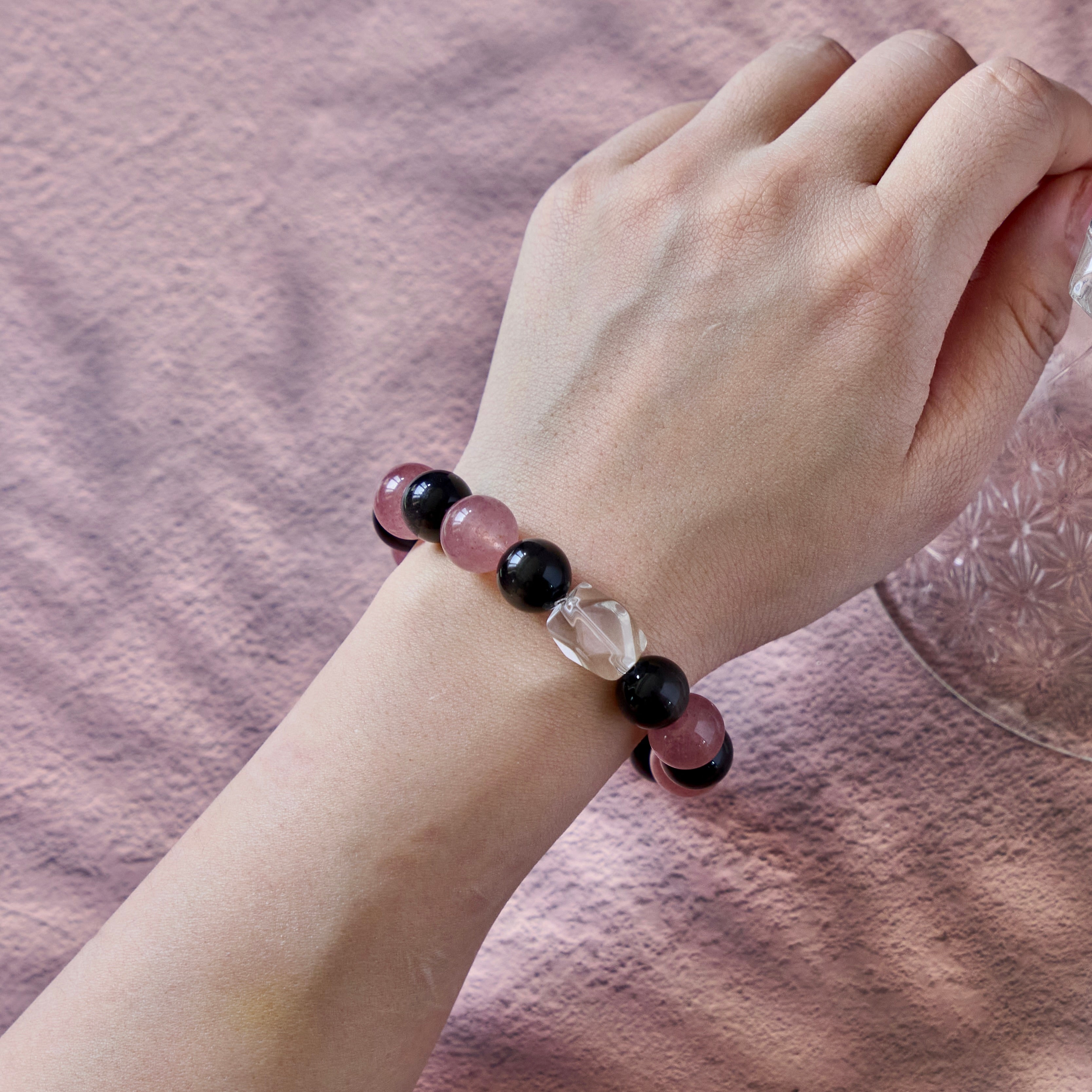 Blush Eclipse – Golden Obsidian & Strawberry Quartz Bracelet with Clear Quartz | Protection · Love · Clarity
