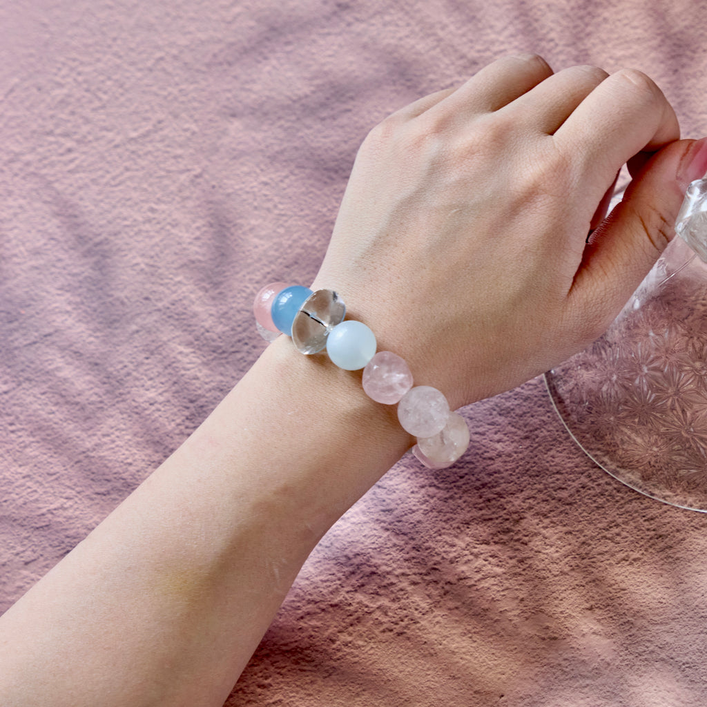 Cloud Reverie – Rose Quartz & Aquamarine Bracelet with Clear Quartz | Calm · Emotional Balance · Open-Hearted