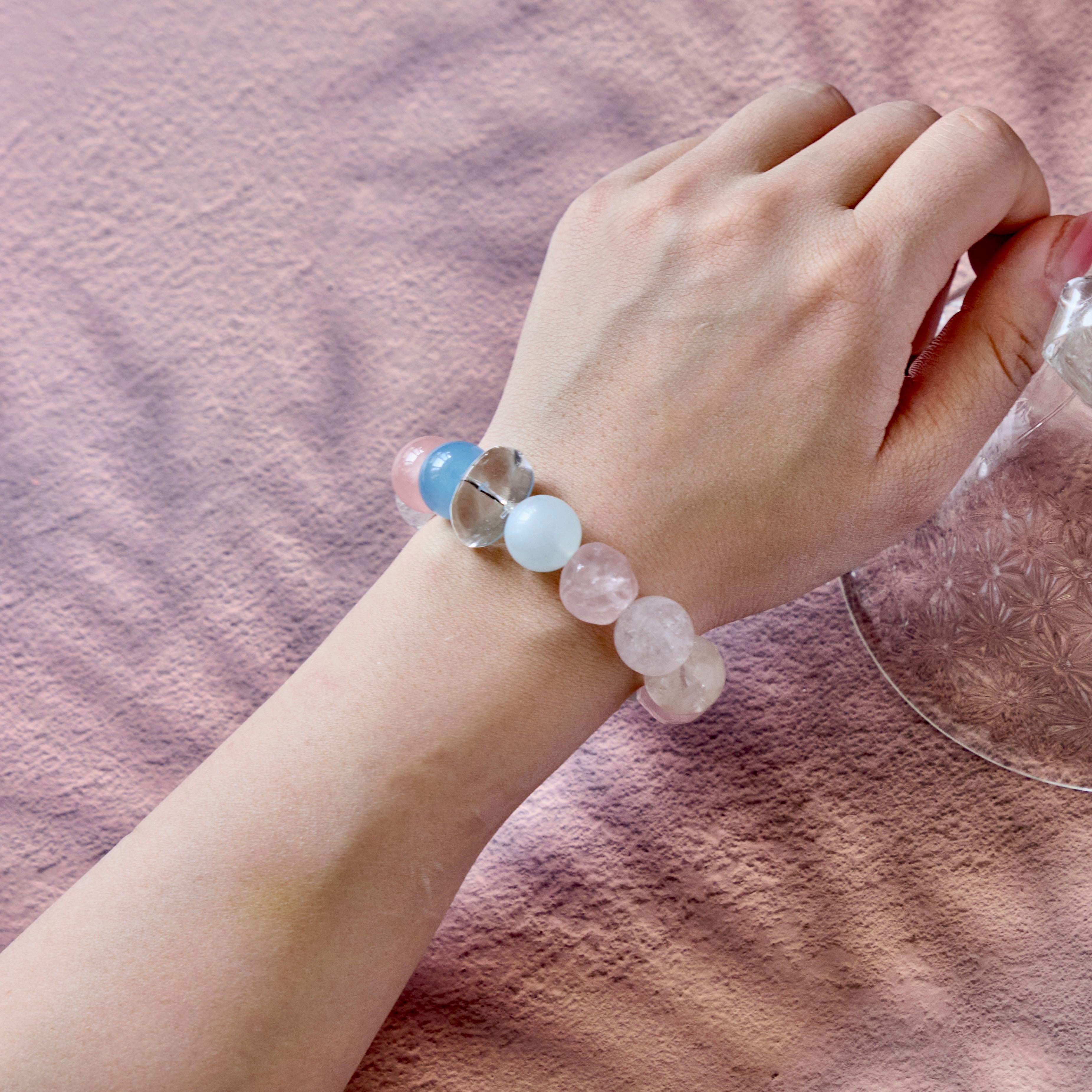 Cloud Reverie – Rose Quartz & Aquamarine Bracelet with Clear Quartz | Calm · Emotional Balance · Open-Hearted